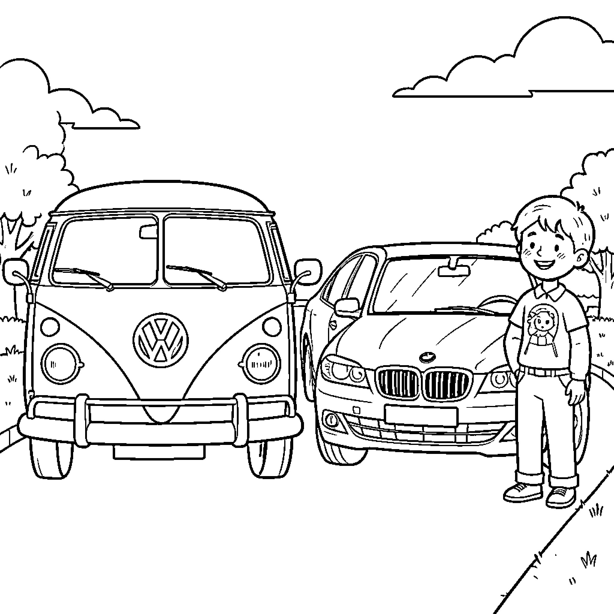 Car parked next to a smiling young boy Coloring Page (free black-and-white line drawing printable PDF for all, from beginners to advanced learners, including children, teens, adults, and seniors)