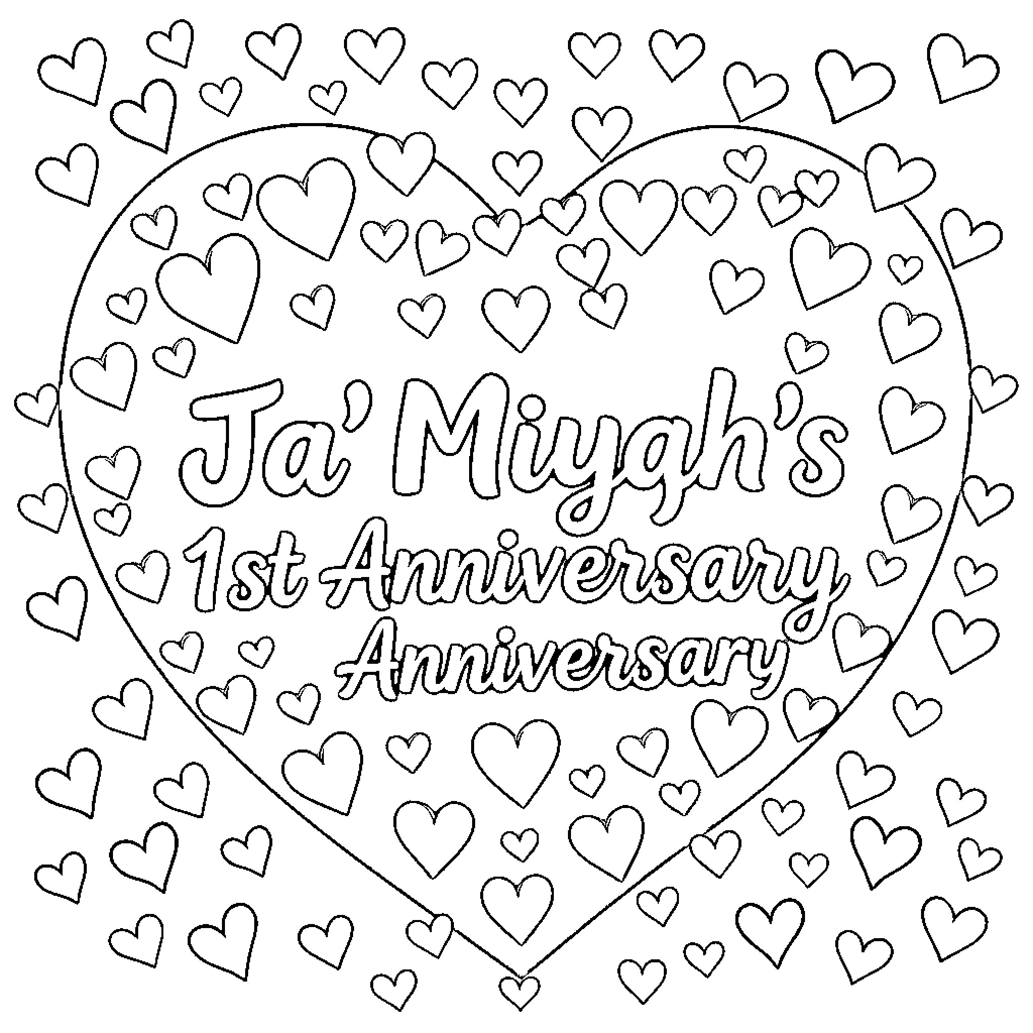 Heart-shaped Anniversary Celebration with Love Coloring Page (free black-and-white line drawing printable PDF for all, from beginners to advanced learners, including children, teens, adults, and seniors)