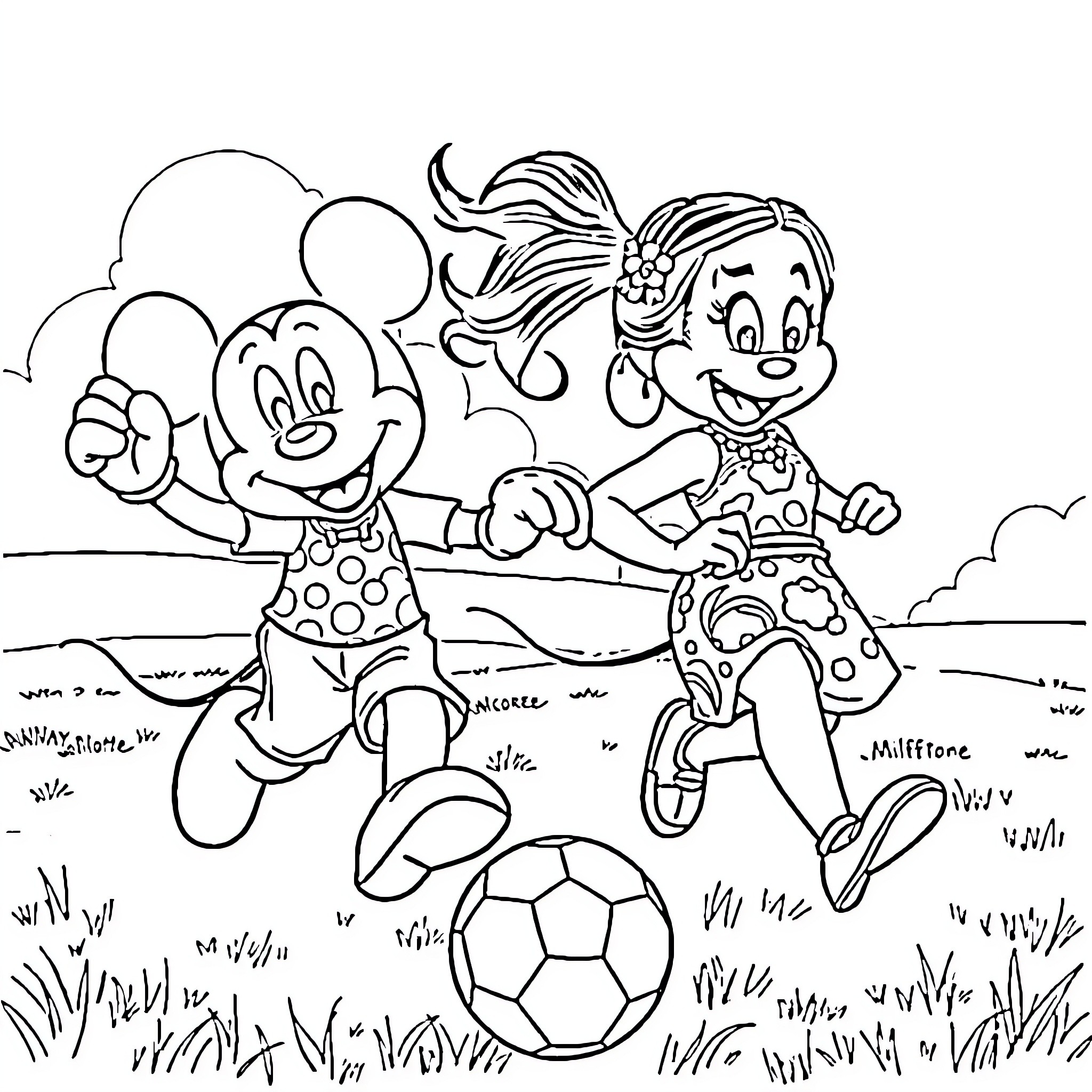 Moana and Mickey playing joyfully with a soccer ball Coloring Page (free black-and-white line drawing printable PDF for all, from beginners to advanced learners, including children, teens, adults, and seniors)