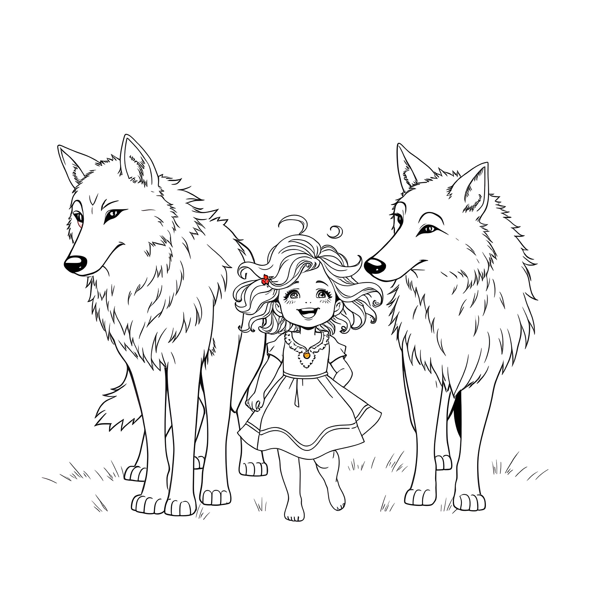 Wolf companions with a young girl in the wilderness Coloring Page (free black-and-white line drawing printable PDF for all, from beginners to advanced learners, including children, teens, adults, and seniors)