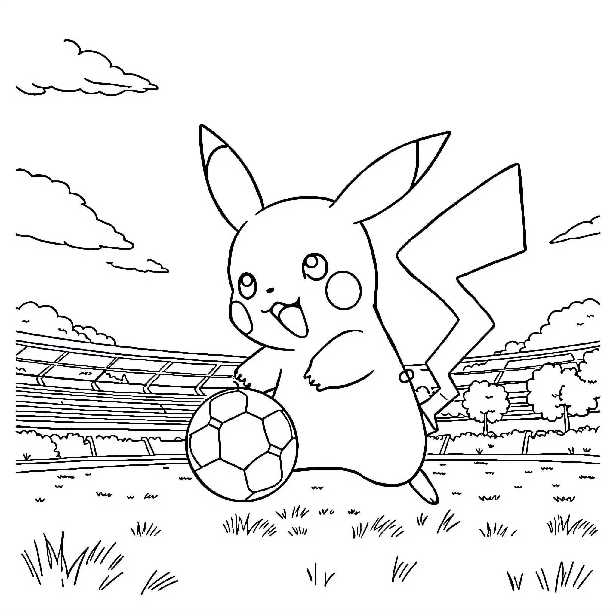 Pikachu enjoying a soccer game in the stadium Coloring Page (free black-and-white line drawing printable PDF for all, from beginners to advanced learners, including children, teens, adults, and seniors)