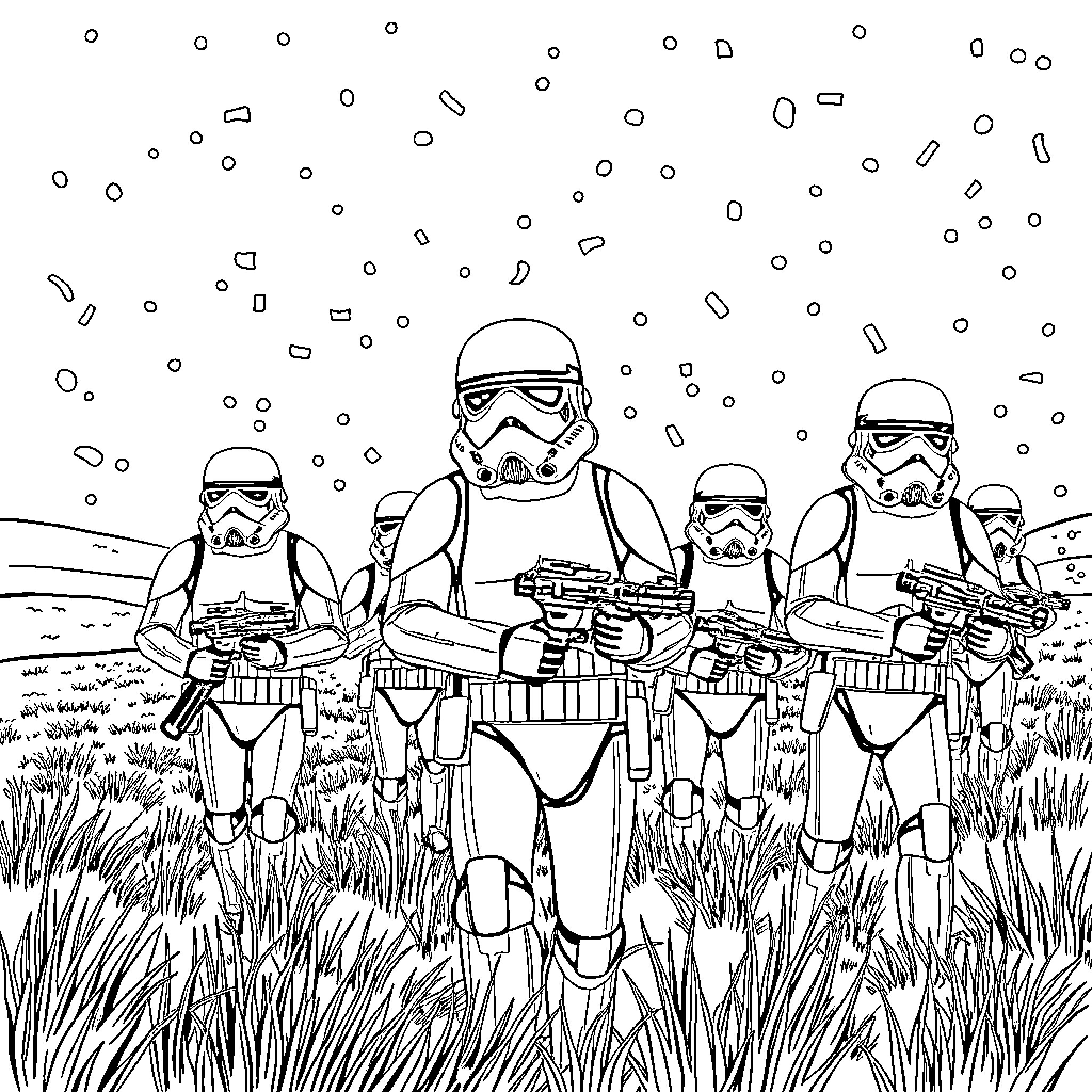 Stormtroopers on patrol in the field Coloring Page (free black-and-white line drawing printable PDF for all, from beginners to advanced learners, including children, teens, adults, and seniors)