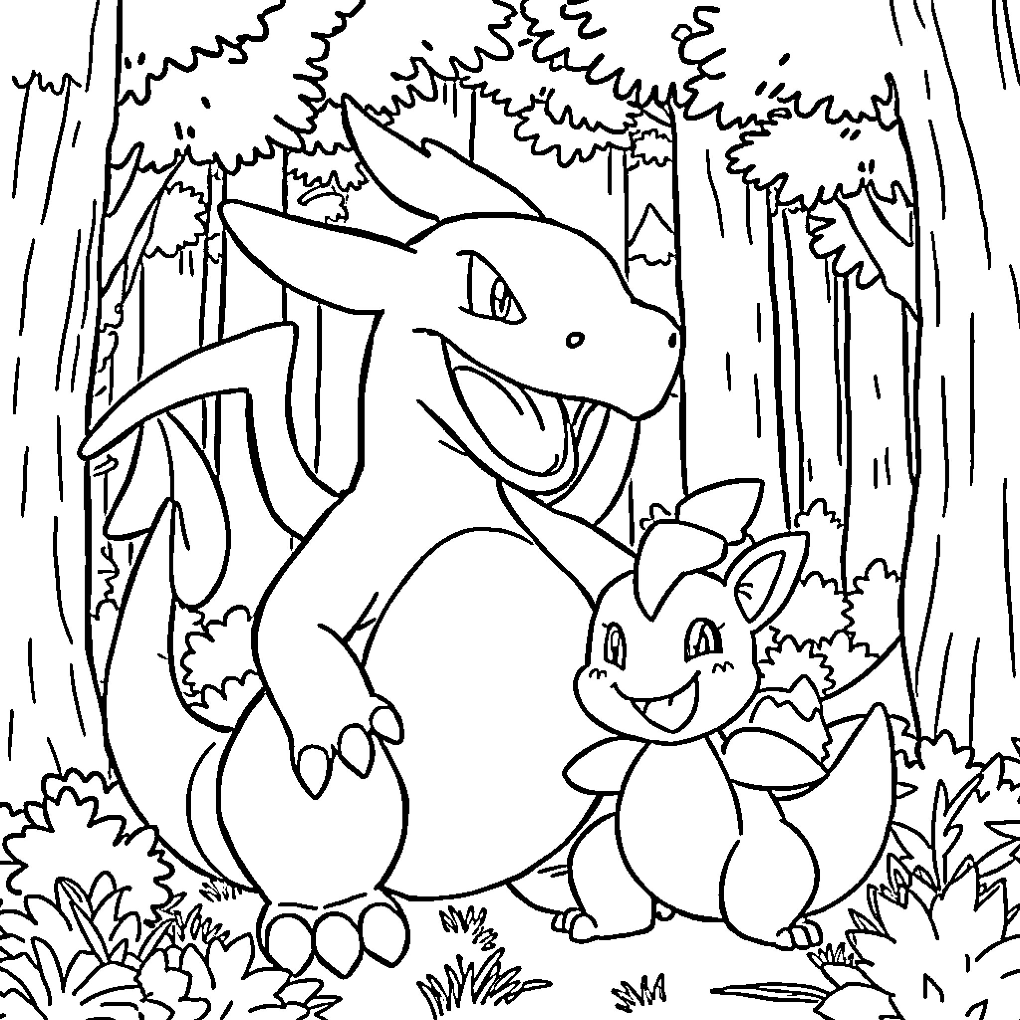 Charizard and its companion in the forest Coloring Page (free black-and-white line drawing printable PDF for all, from beginners to advanced learners, including children, teens, adults, and seniors)