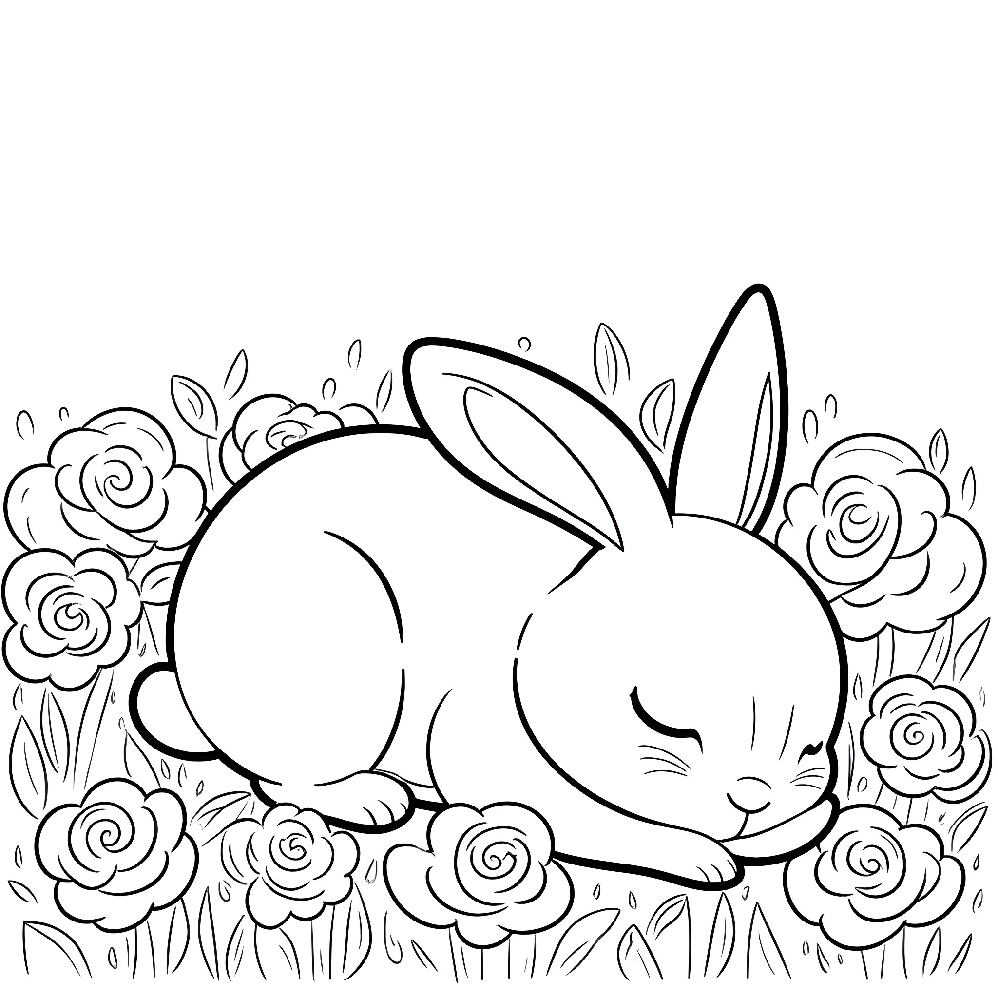Rabbit sleeping peacefully in a floral garden Coloring Page (free black-and-white line drawing printable PDF for all, from beginners to advanced learners, including children, teens, adults, and seniors)
