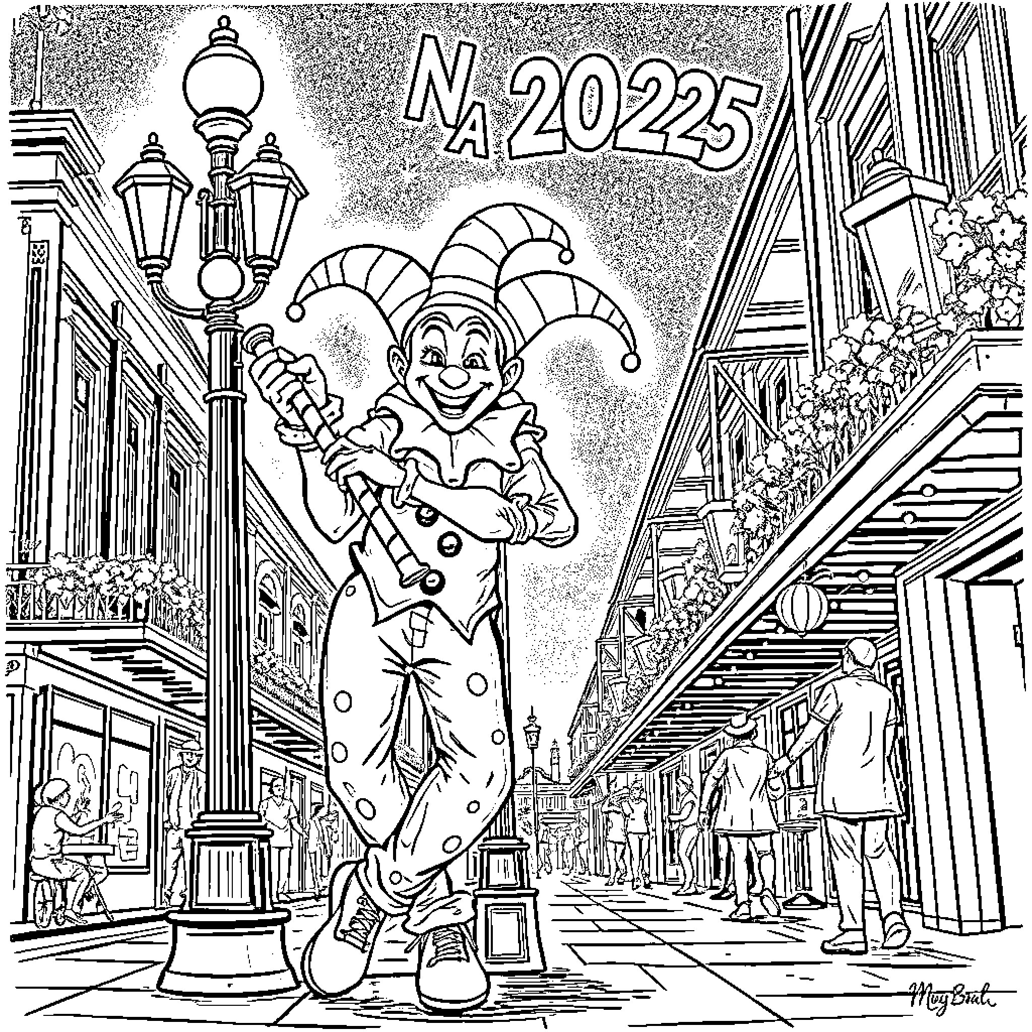 Jester performing in a lively street scene Coloring Page (free black-and-white line drawing printable PDF for all, from beginners to advanced learners, including children, teens, adults, and seniors)