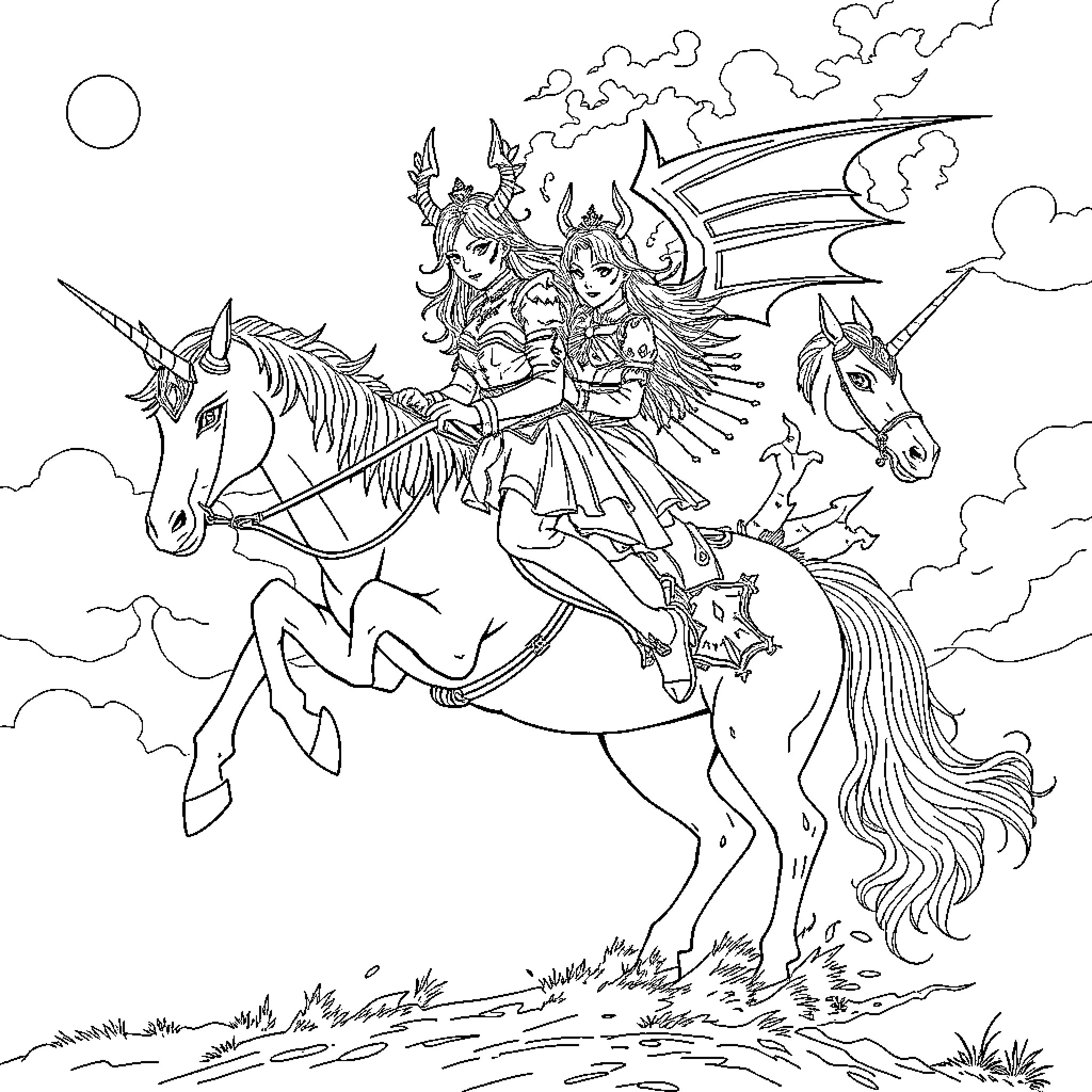 Demon Hunter riding a Unicorn into Battle Coloring Page (free black-and-white line drawing printable PDF for all, from beginners to advanced learners, including children, teens, adults, and seniors)