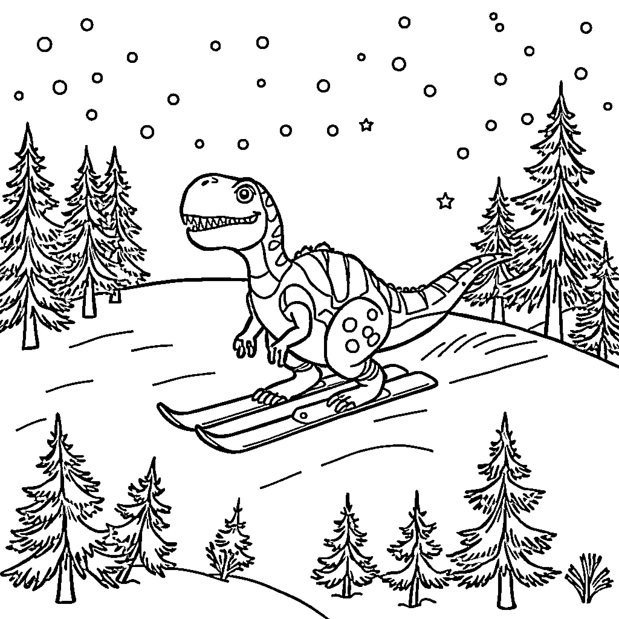 Dinosaur skiing through snowy forest Coloring Page (free black-and-white line drawing printable PDF for all, from beginners to advanced learners, including children, teens, adults, and seniors)