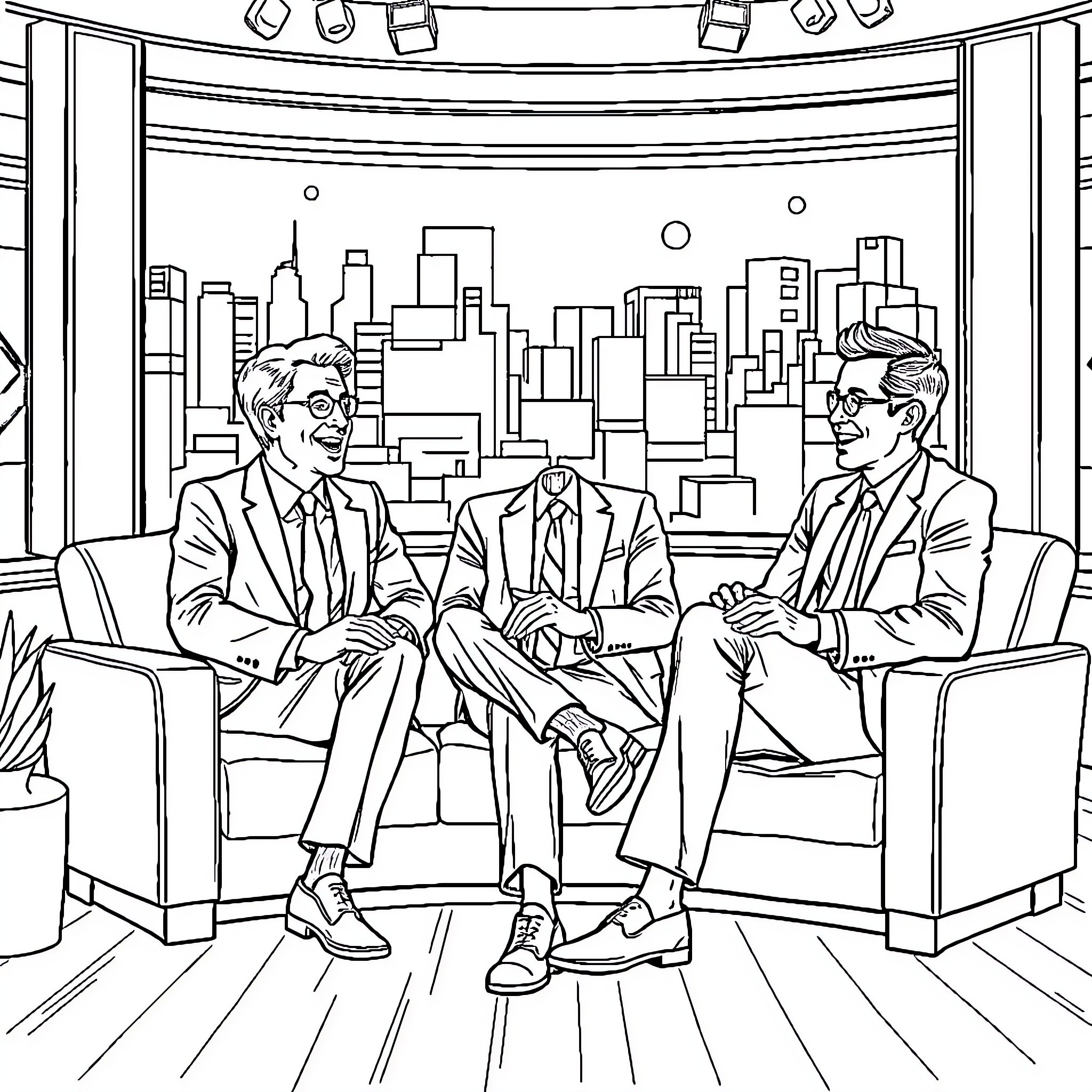 Stephen Colbert interacting with guests on television set Coloring Page (free black-and-white line drawing printable PDF for all, from beginners to advanced learners, including children, teens, adults, and seniors)