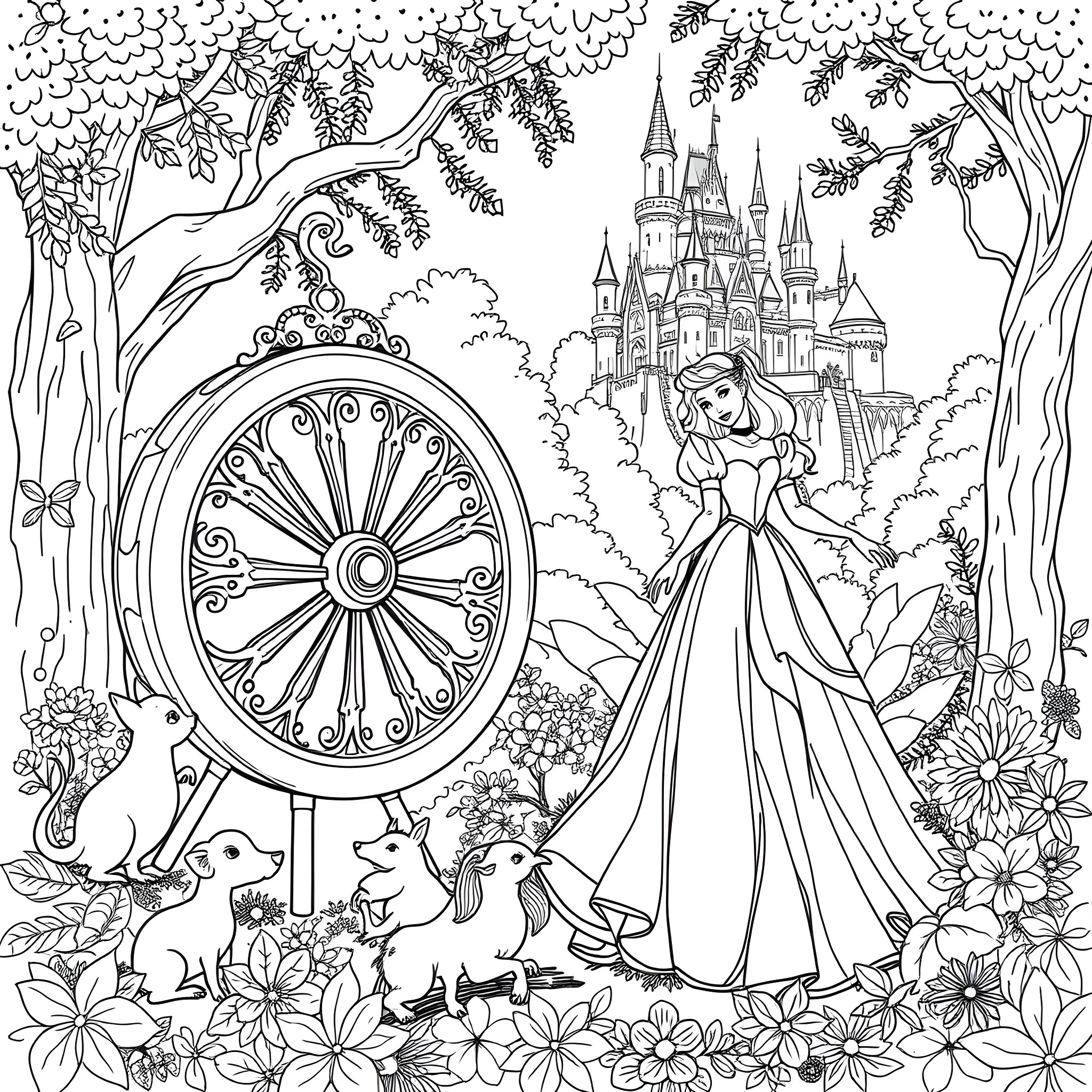 Sleeping Beauty in a Magical Forest with Castle Coloring Page (free black-and-white line drawing printable PDF for all, from beginners to advanced learners, including children, teens, adults, and seniors)