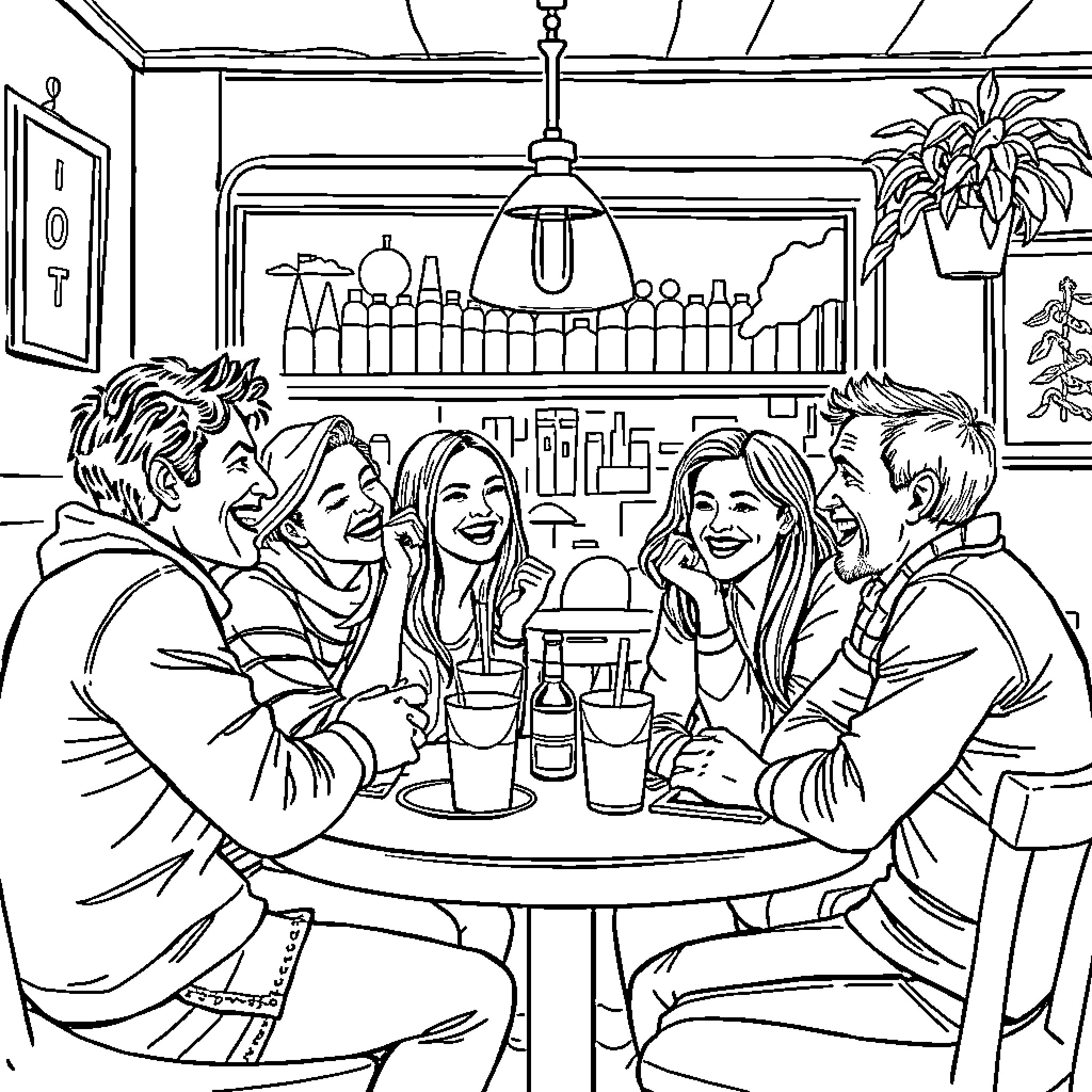 Brainrot: Friends laughing and enjoying drinks at a bar Coloring Page (free black-and-white line drawing printable PDF for all, from beginners to advanced learners, including children, teens, adults, and seniors)