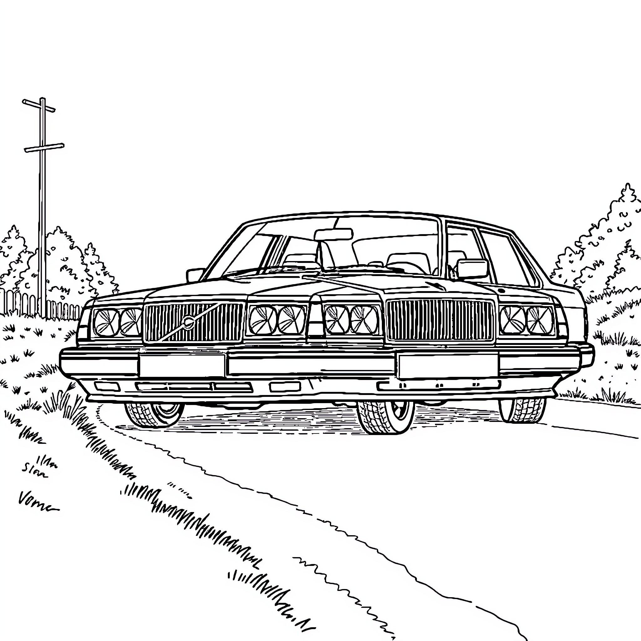 Volvo sedan on a rural road Coloring Page (free black-and-white line drawing printable PDF for all, from beginners to advanced learners, including children, teens, adults, and seniors)