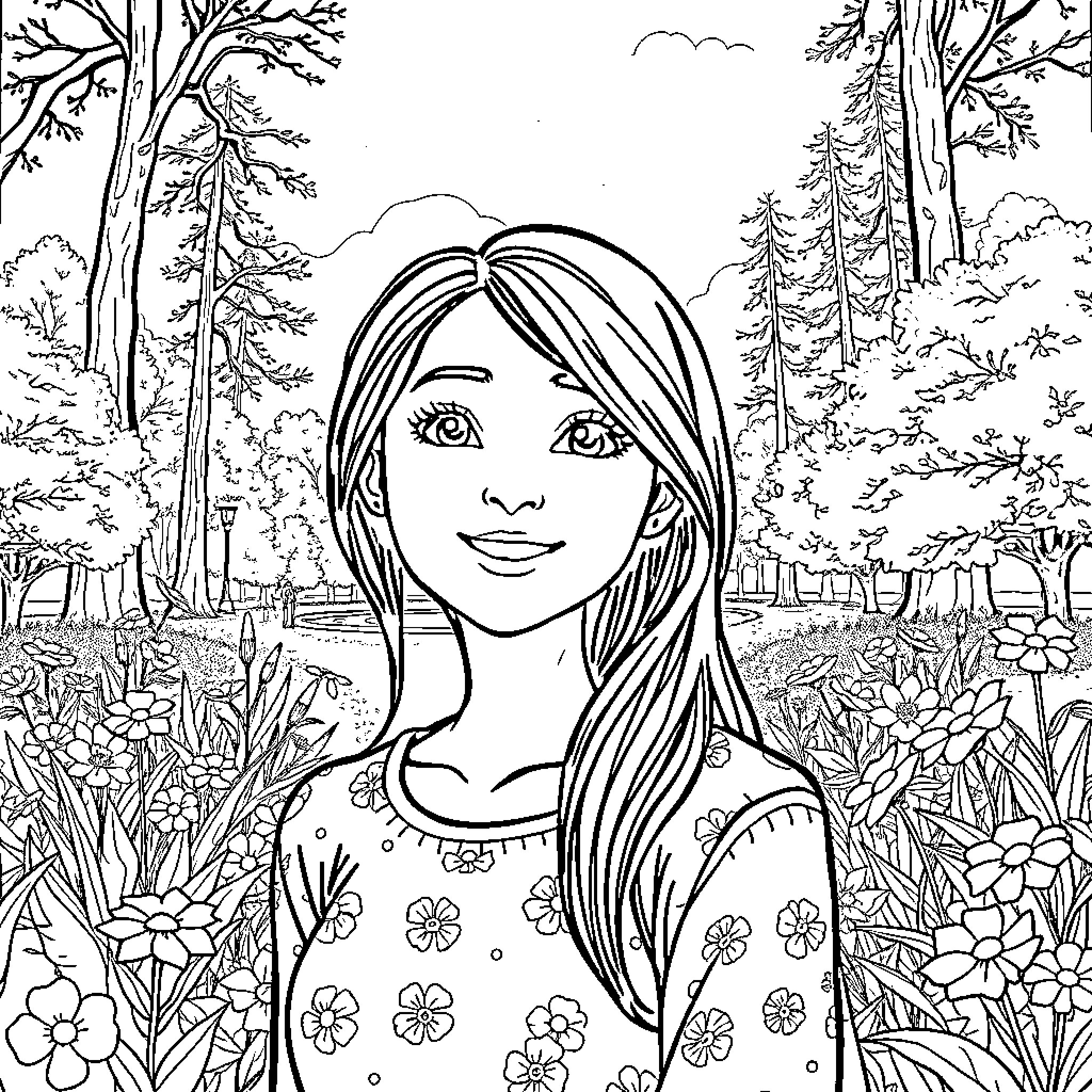 Rumi in a floral meadow amid nature Coloring Page (free black-and-white line drawing printable PDF for all, from beginners to advanced learners, including children, teens, adults, and seniors)