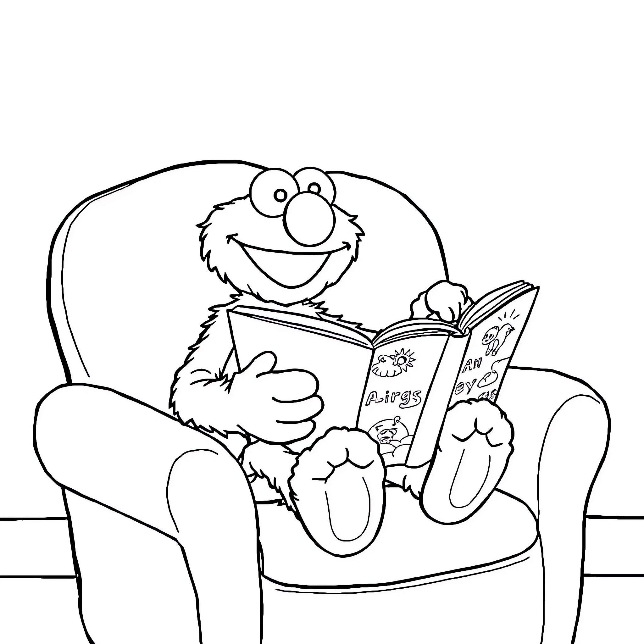 Elmo reading a book happily on a chair Coloring Page (free black-and-white line drawing printable PDF for all, from beginners to advanced learners, including children, teens, adults, and seniors)