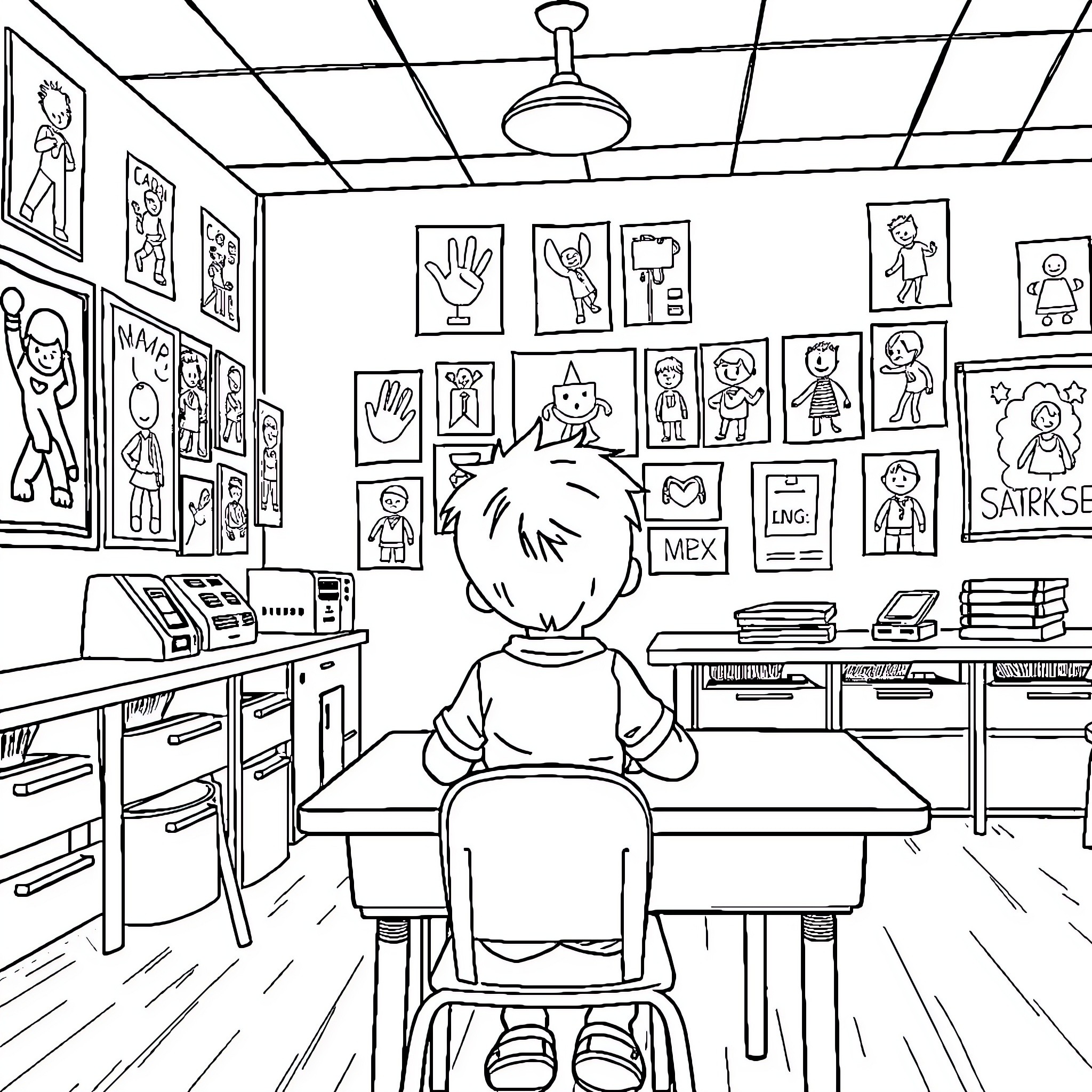 Kid studying in an artful classroom Coloring Page (free black-and-white line drawing printable PDF for all, from beginners to advanced learners, including children, teens, adults, and seniors)