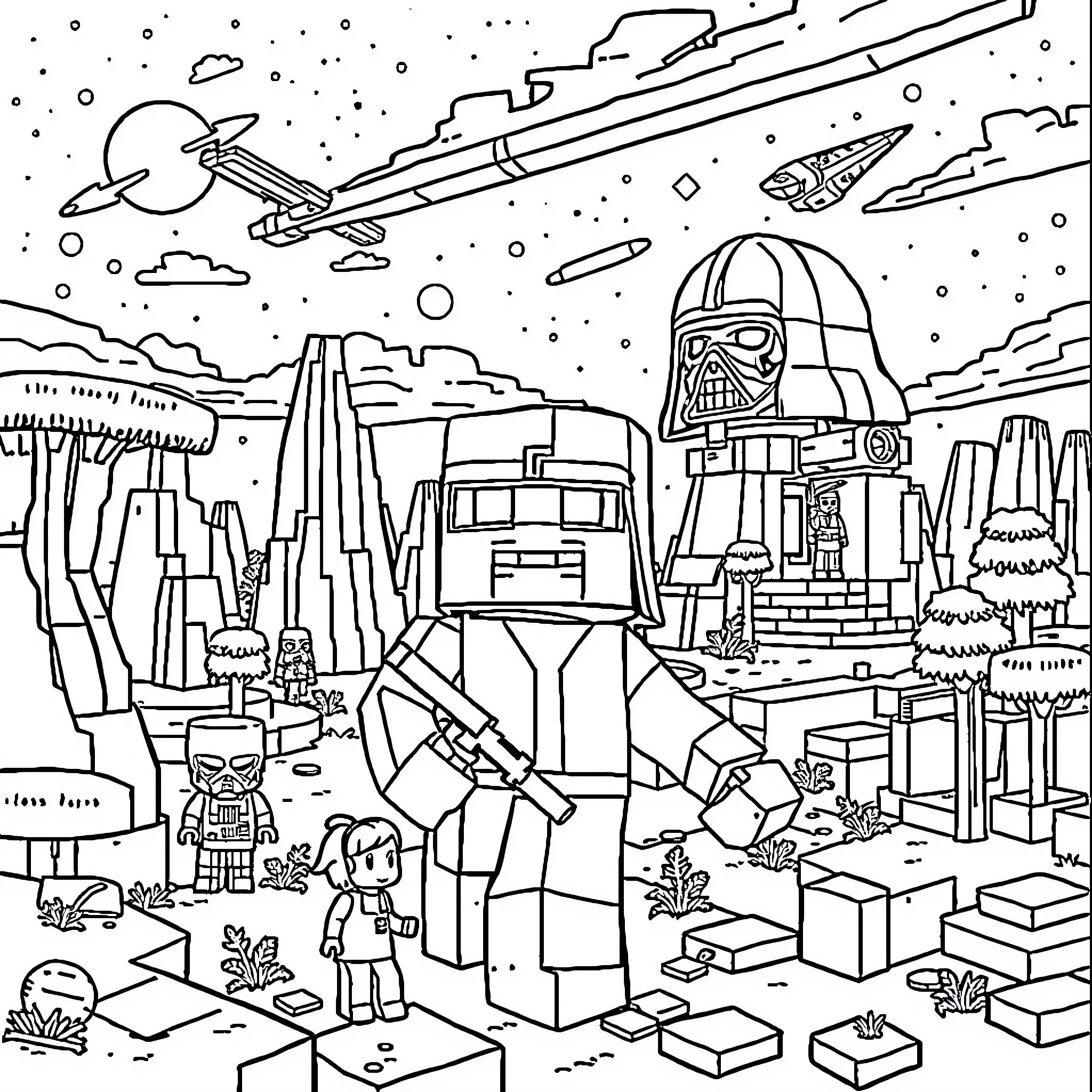 Minecraft Heroes Battling in a Galactic Landscape Coloring Page (free black-and-white line drawing printable PDF for all, from beginners to advanced learners, including children, teens, adults, and seniors)