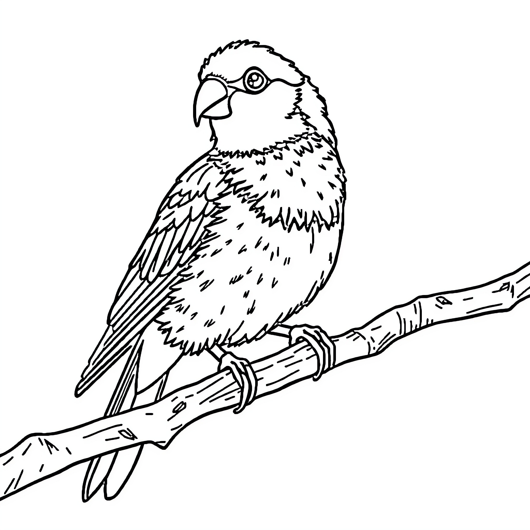 Rainbow-colored parrot perched on a branch Coloring Page (free black-and-white line drawing printable PDF for all, from beginners to advanced learners, including children, teens, adults, and seniors)