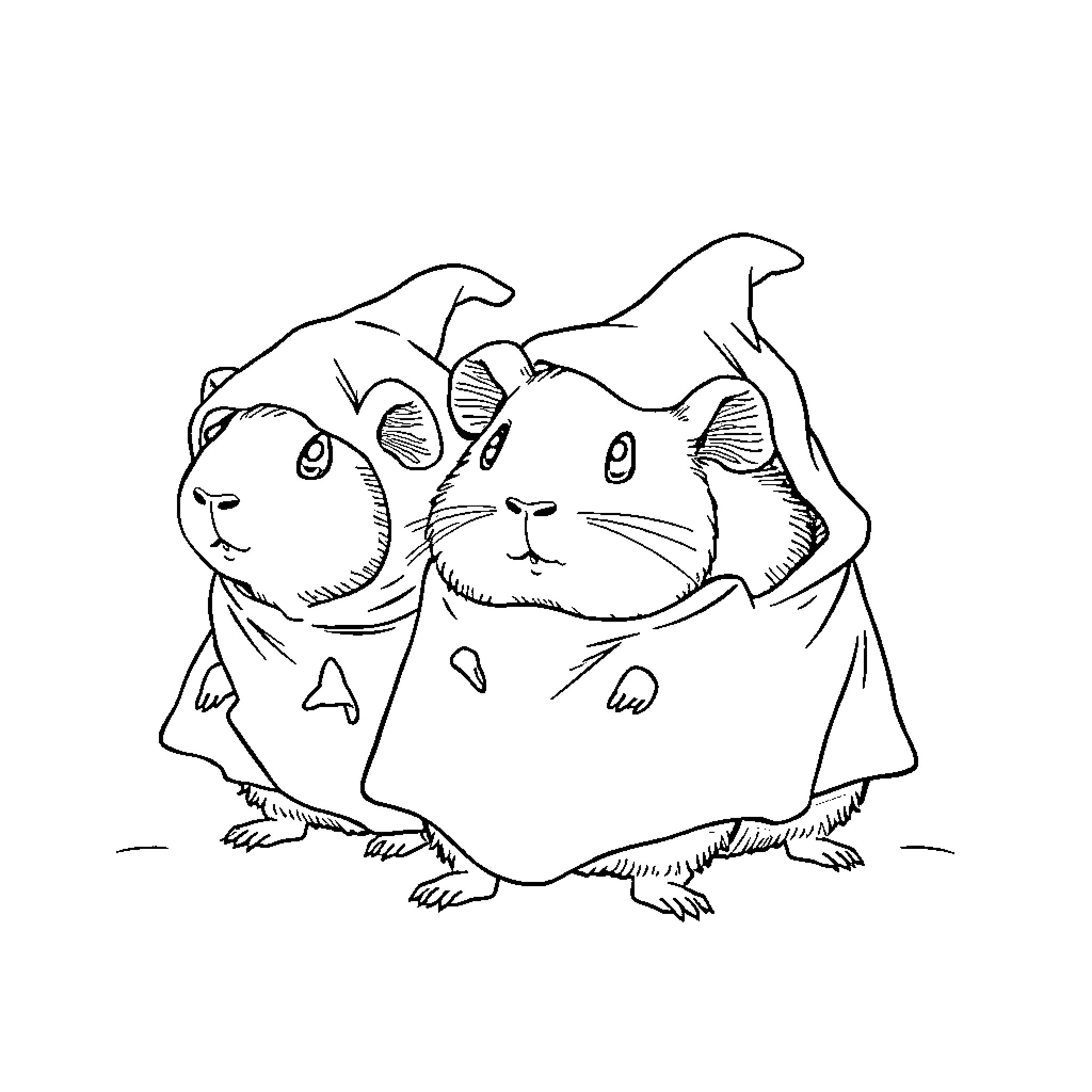 Guinea Pigs Snuggling in Cozy Blanket Coloring Page (free black-and-white line drawing printable PDF for all, from beginners to advanced learners, including children, teens, adults, and seniors)