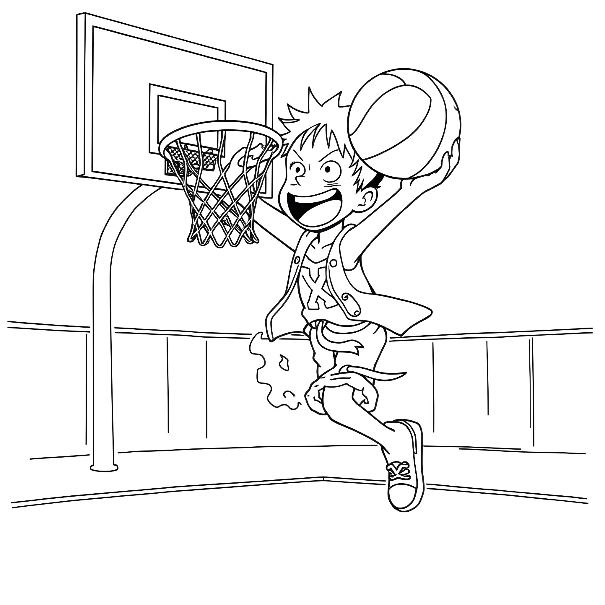 Luffy energetically dunking the basketball Coloring Page (free black-and-white line drawing printable PDF for all, from beginners to advanced learners, including children, teens, adults, and seniors)