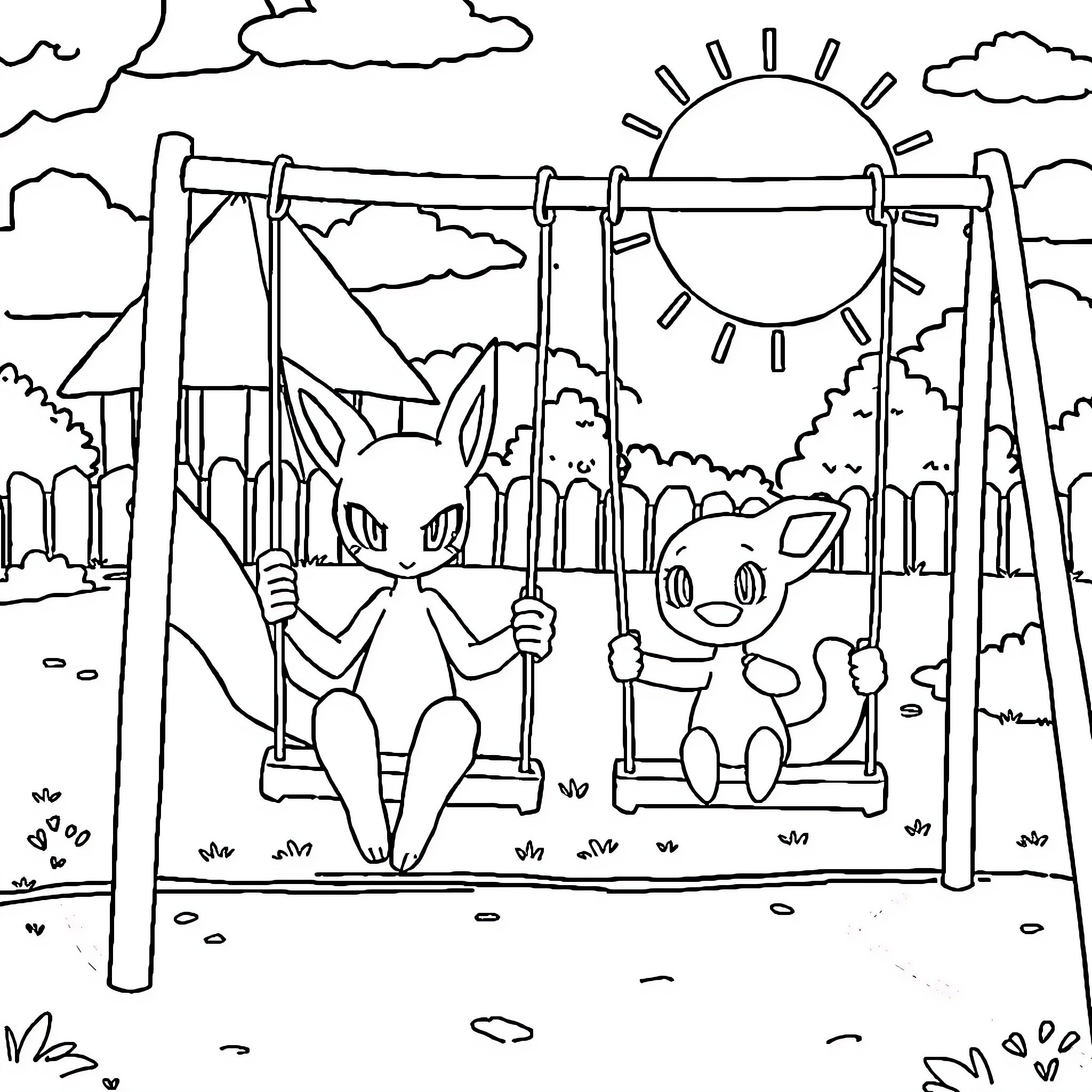 Mewtwo enjoying a sunny day with friends on the playground Coloring Page (free black-and-white line drawing printable PDF for all, from beginners to advanced learners, including children, teens, adults, and seniors)