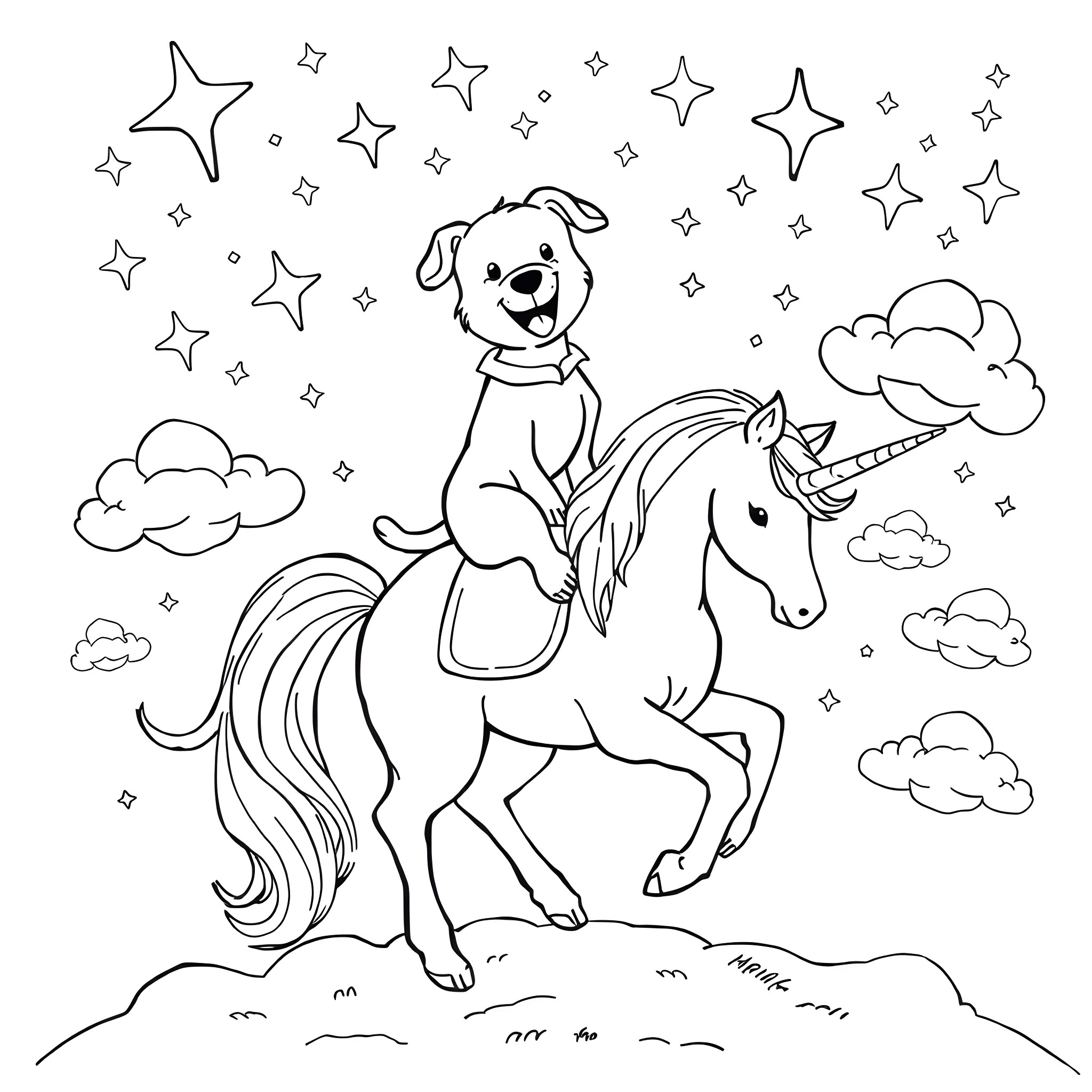 Dog riding a magical unicorn among stars Coloring Page (free black-and-white line drawing printable PDF for all, from beginners to advanced learners, including children, teens, adults, and seniors)