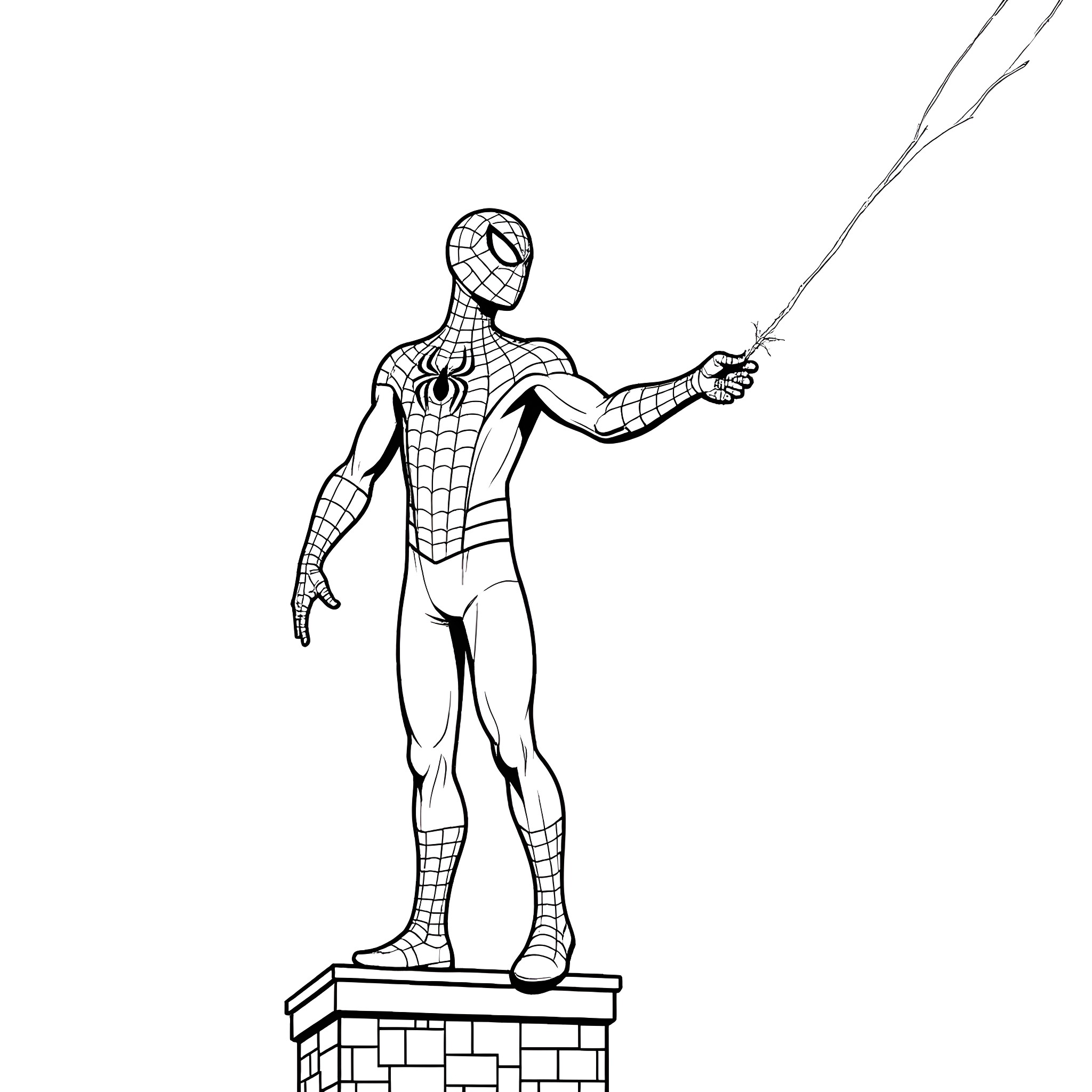 Spider-Man in heroic pose with web-shooting action Coloring Page (free black-and-white line drawing printable PDF for all, from beginners to advanced learners, including children, teens, adults, and seniors)