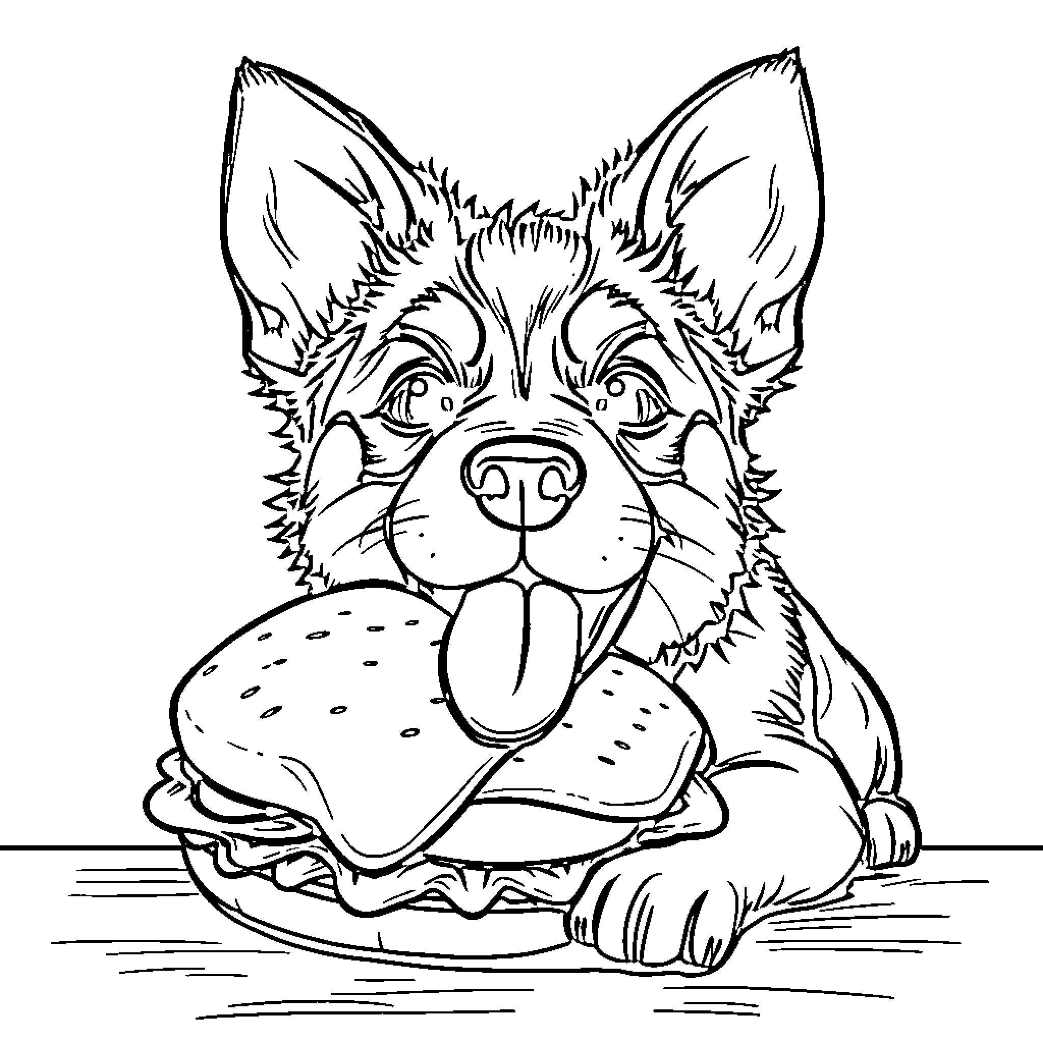 Bluey enjoys a tasty cheeseburger snack Coloring Page (free black-and-white line drawing printable PDF for all, from beginners to advanced learners, including children, teens, adults, and seniors)
