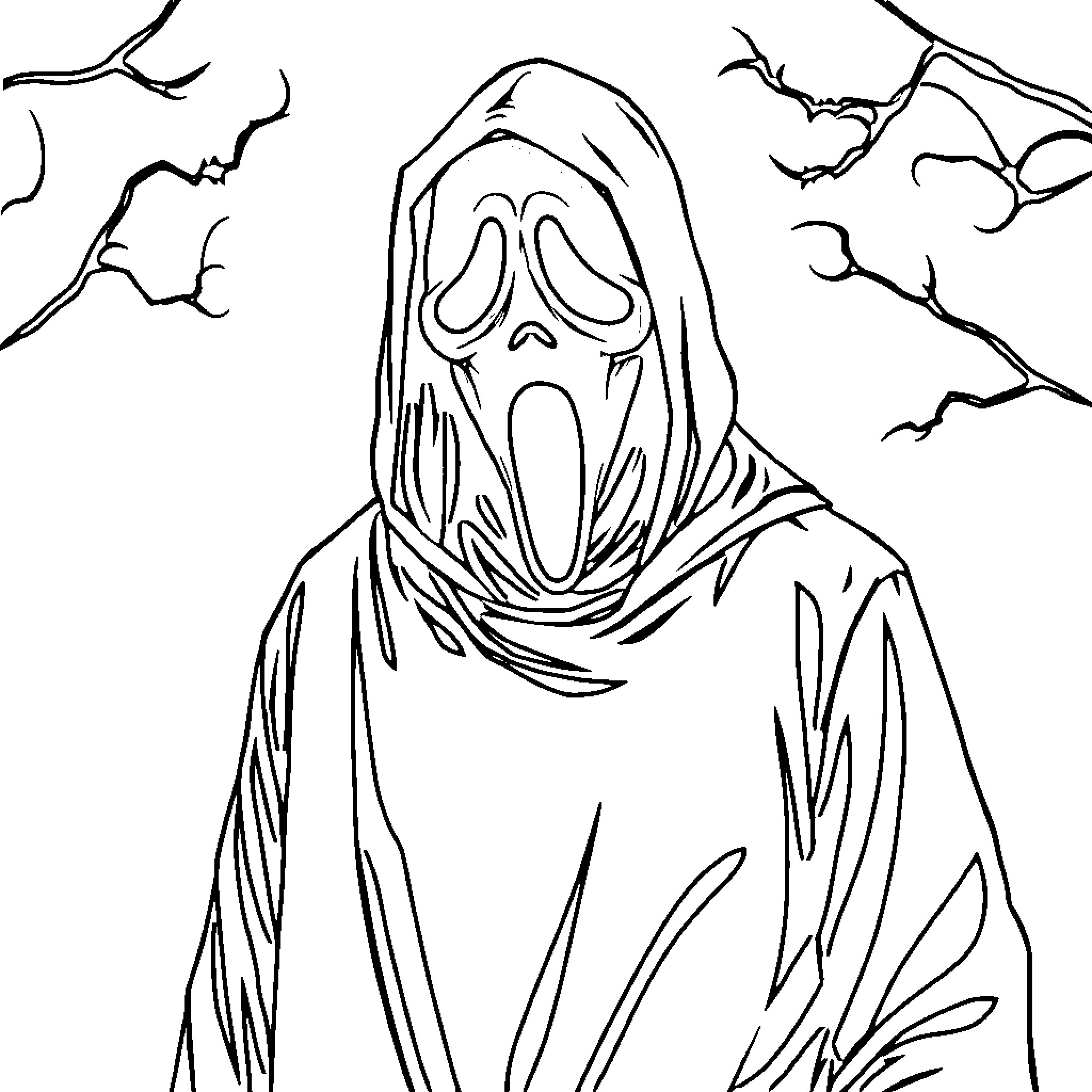 Ghostface in a Spooky Landscape Coloring Page (free black-and-white line drawing printable PDF for all, from beginners to advanced learners, including children, teens, adults, and seniors)