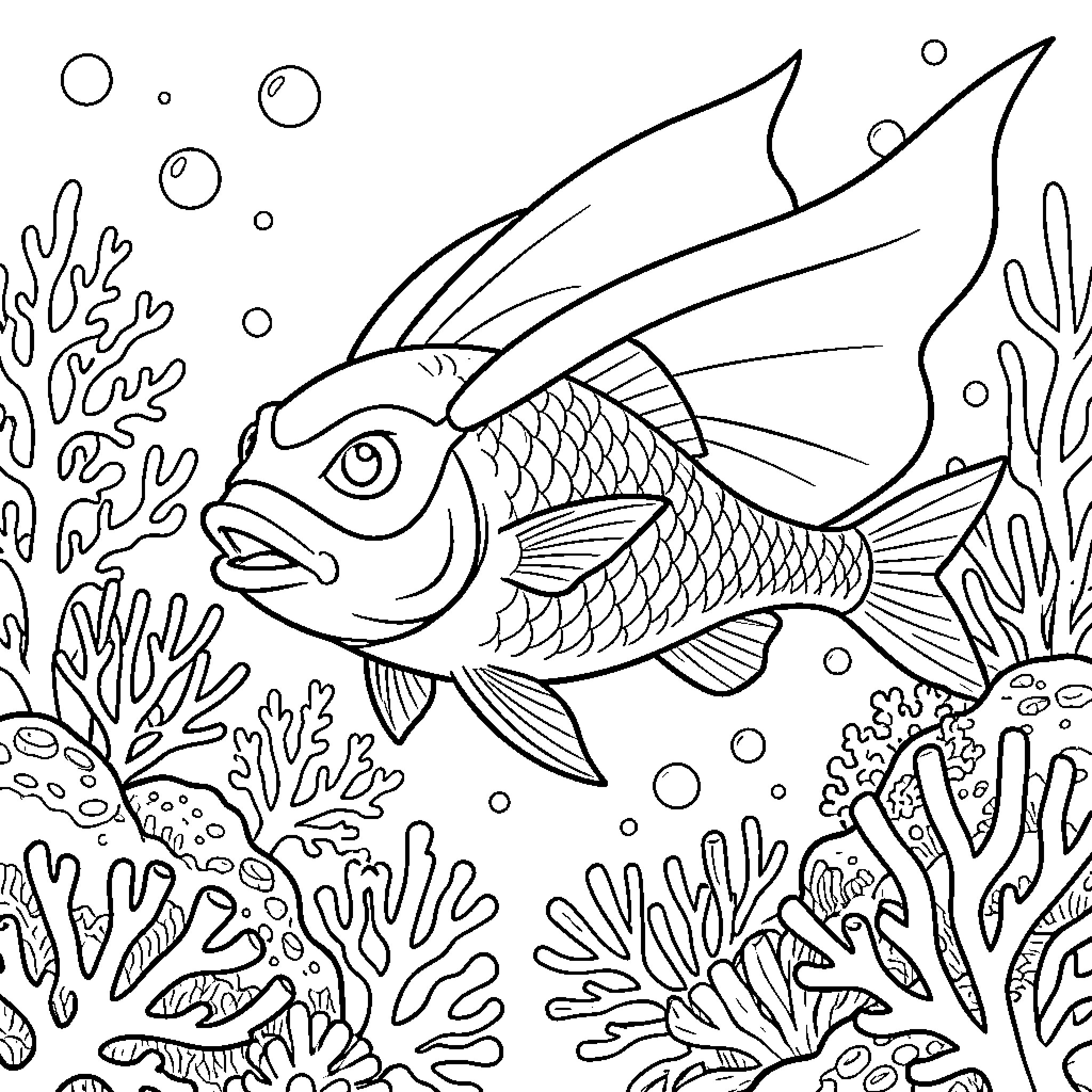 Fish swimming gracefully in the underwater coral garden Coloring Page (free black-and-white line drawing printable PDF for all, from beginners to advanced learners, including children, teens, adults, and seniors)