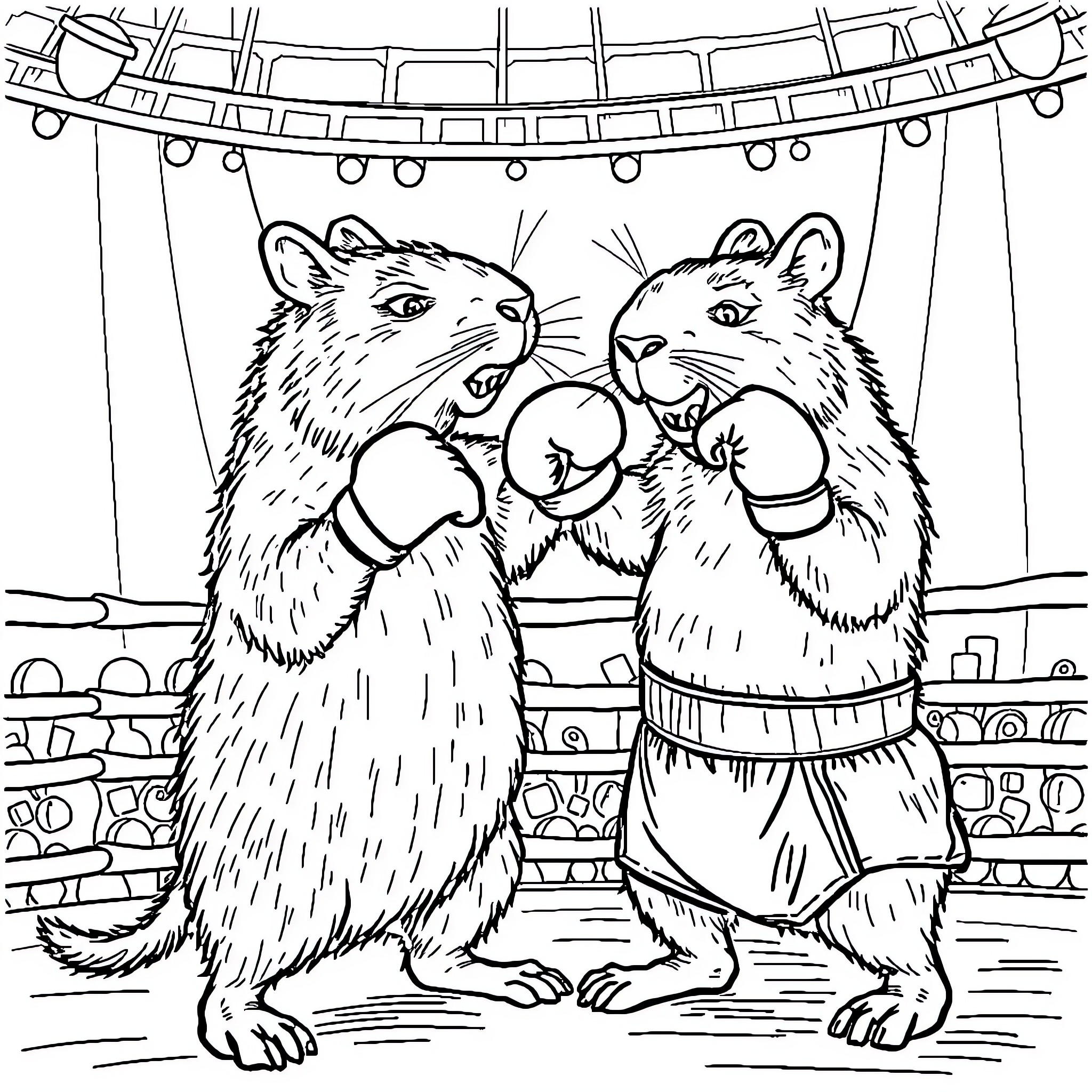 Capybara boxing match in the circus Coloring Page (free black-and-white line drawing printable PDF for all, from beginners to advanced learners, including children, teens, adults, and seniors)
