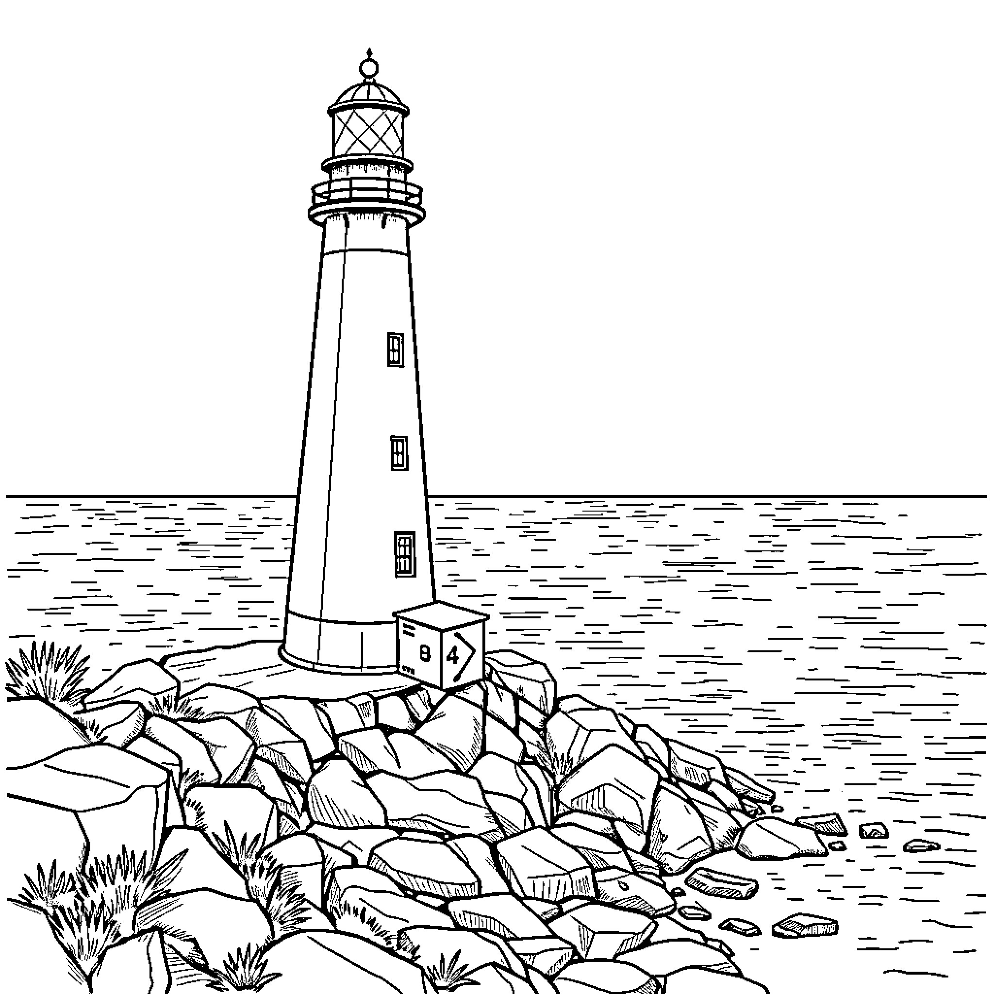 Lighthouse on rocky coastline Coloring Page (free black-and-white line drawing printable PDF for all, from beginners to advanced learners, including children, teens, adults, and seniors)