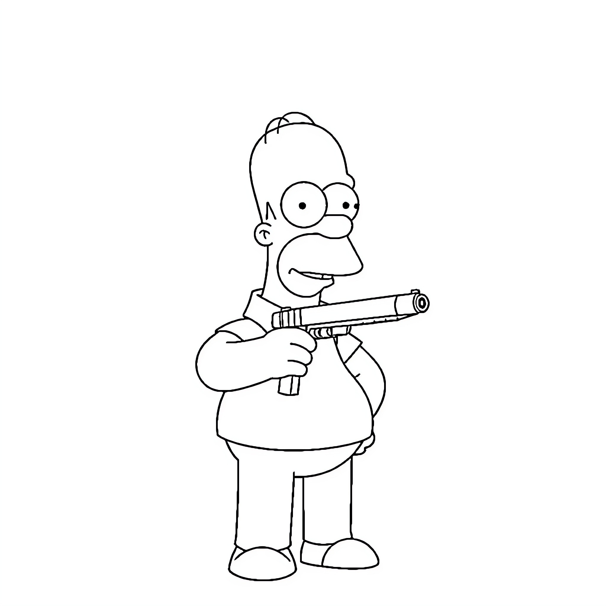Homer Simpson holding a rifle Coloring Page (free black-and-white line drawing printable PDF for all, from beginners to advanced learners, including children, teens, adults, and seniors)