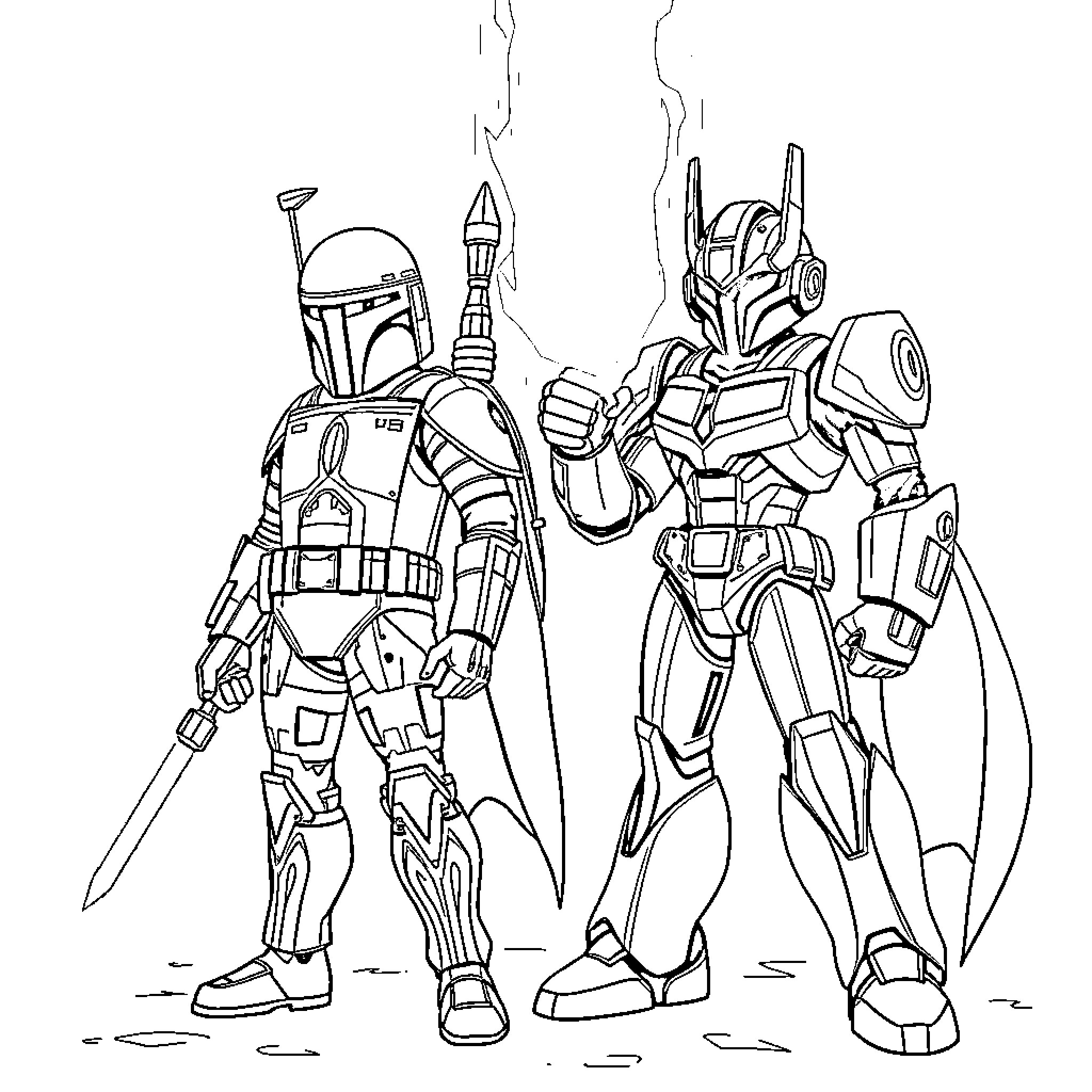 Boba Fett and Transforming Robot in Action Coloring Page (free black-and-white line drawing printable PDF for all, from beginners to advanced learners, including children, teens, adults, and seniors)