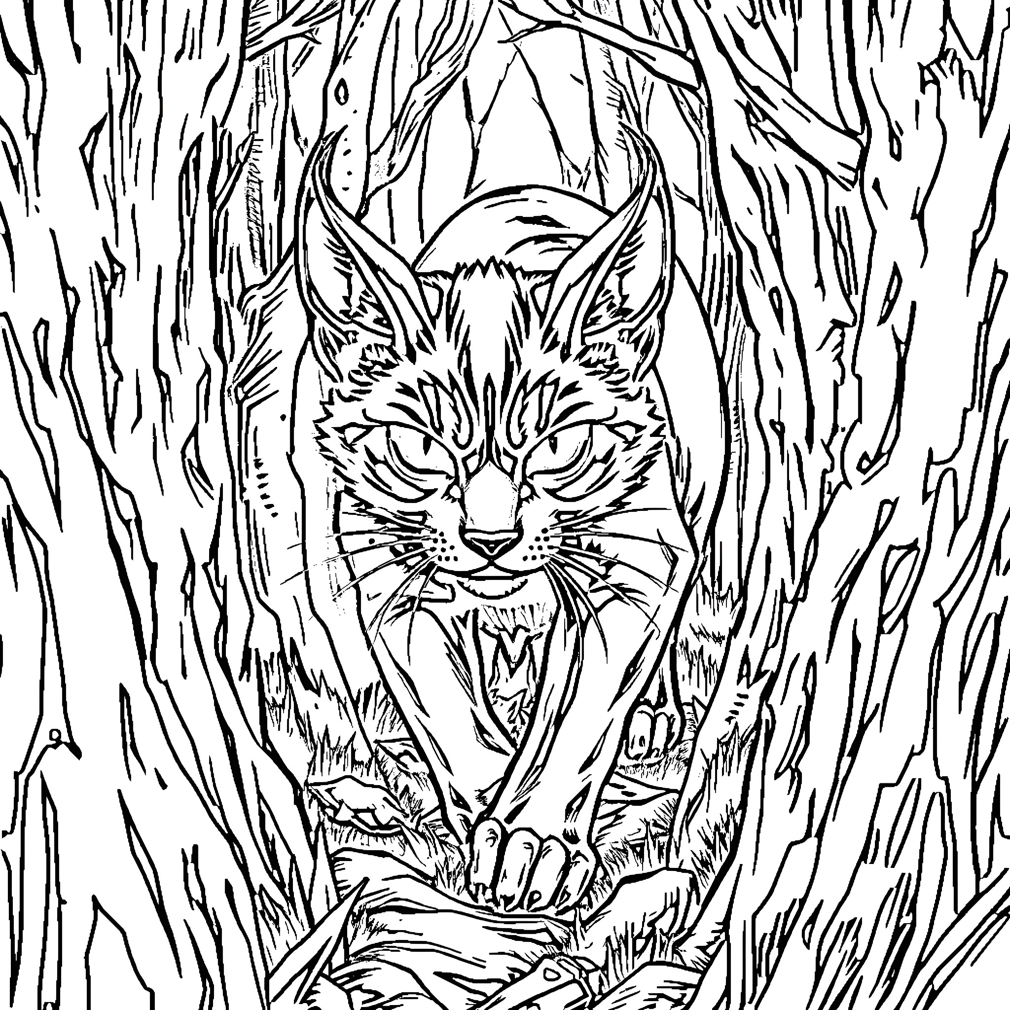 Devil Cat Prowling Through the Shadowy Forest Coloring Page (free black-and-white line drawing printable PDF for all, from beginners to advanced learners, including children, teens, adults, and seniors)