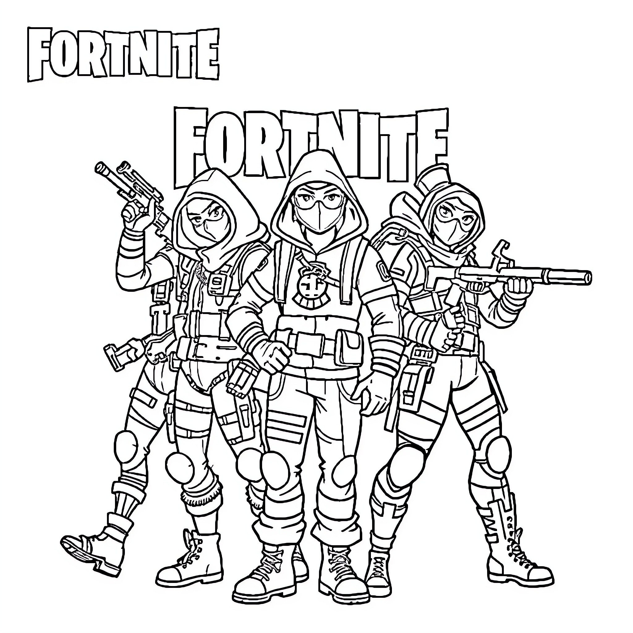 Fortnite Characters in Tactical Outfits Wielding Weapons Coloring Page (free black-and-white line drawing printable PDF for all, from beginners to advanced learners, including children, teens, adults, and seniors)