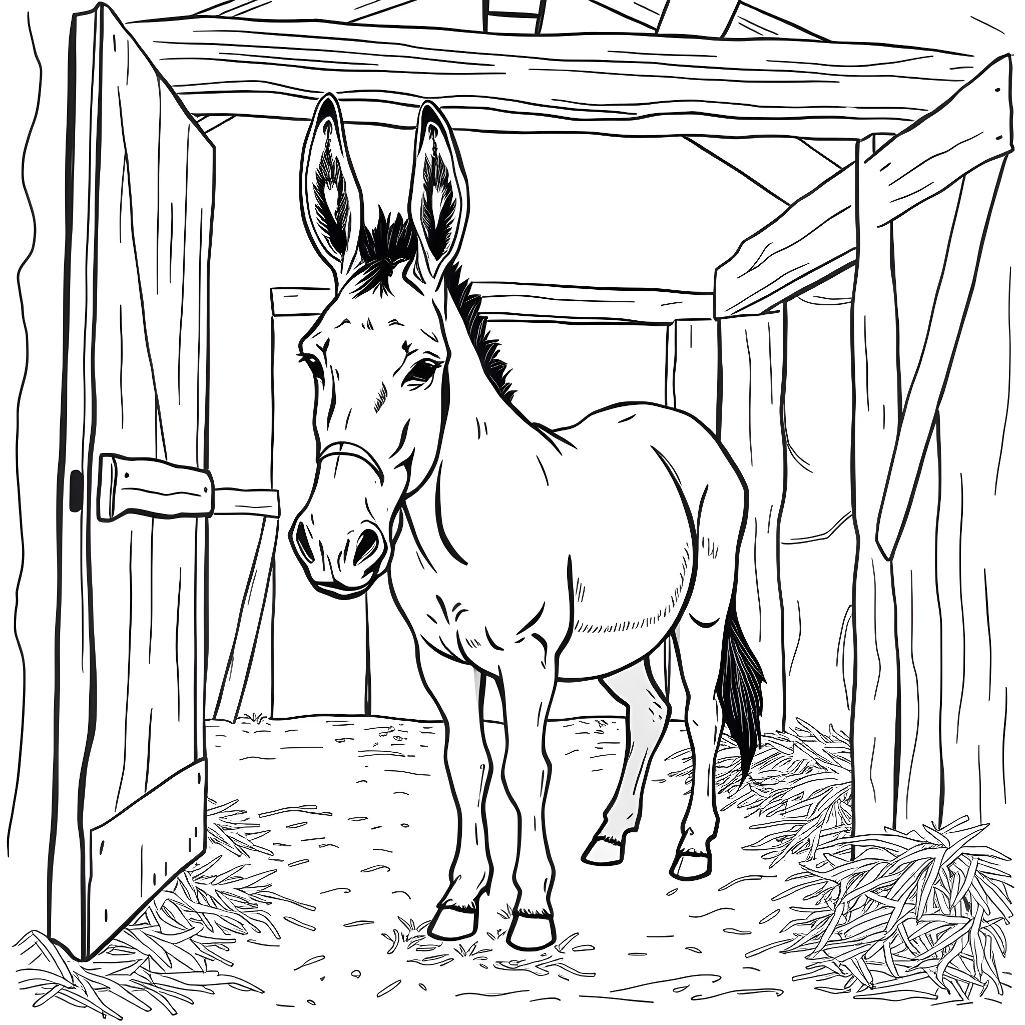 Donkey standing in the barn Coloring Page (free black-and-white line drawing printable PDF for all, from beginners to advanced learners, including children, teens, adults, and seniors)