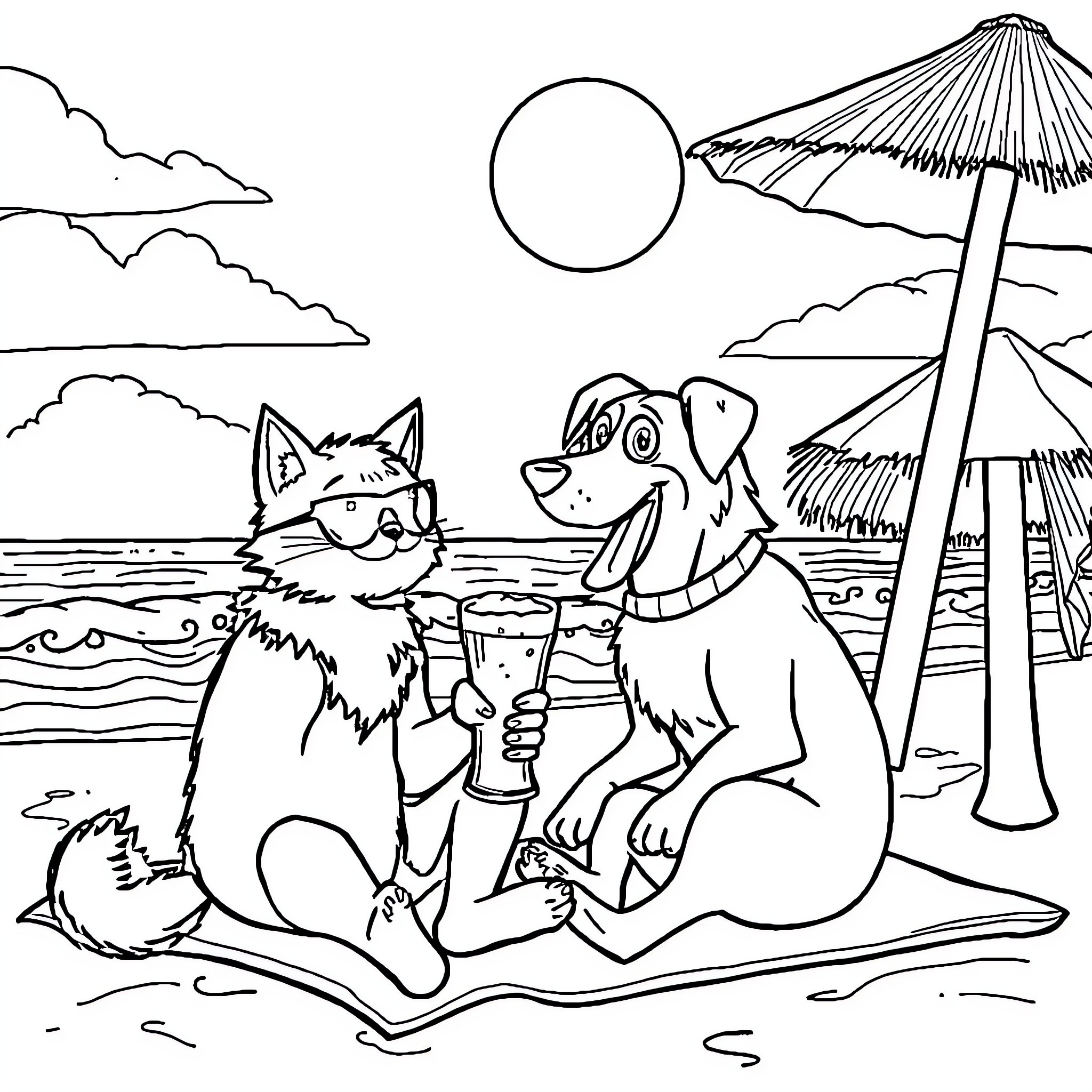 Catman and dog enjoying a beach day Coloring Page (free black-and-white line drawing printable PDF for all, from beginners to advanced learners, including children, teens, adults, and seniors)