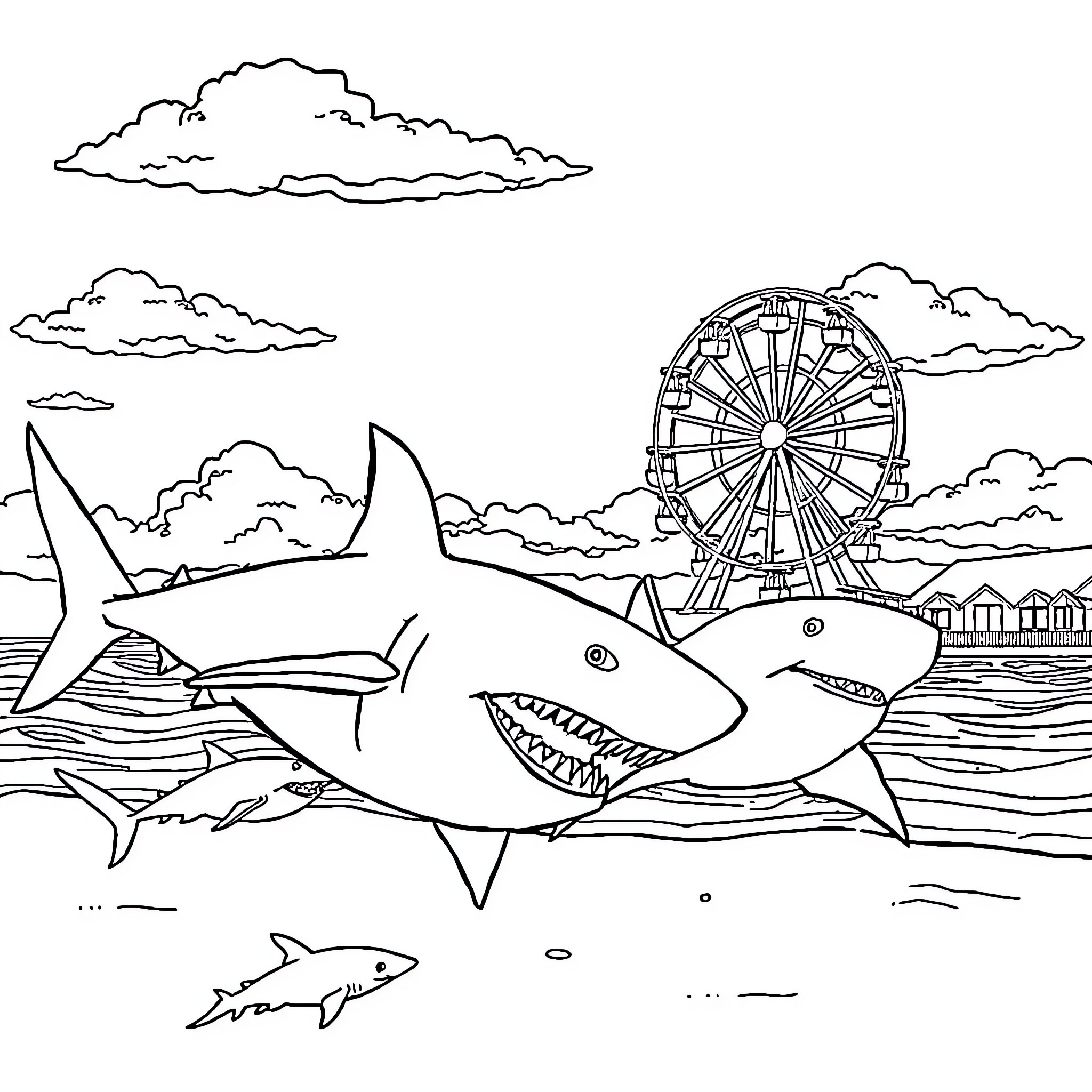 Shark's Adventure at the Amusement Park Coloring Page (free black-and-white line drawing printable PDF for all, from beginners to advanced learners, including children, teens, adults, and seniors)