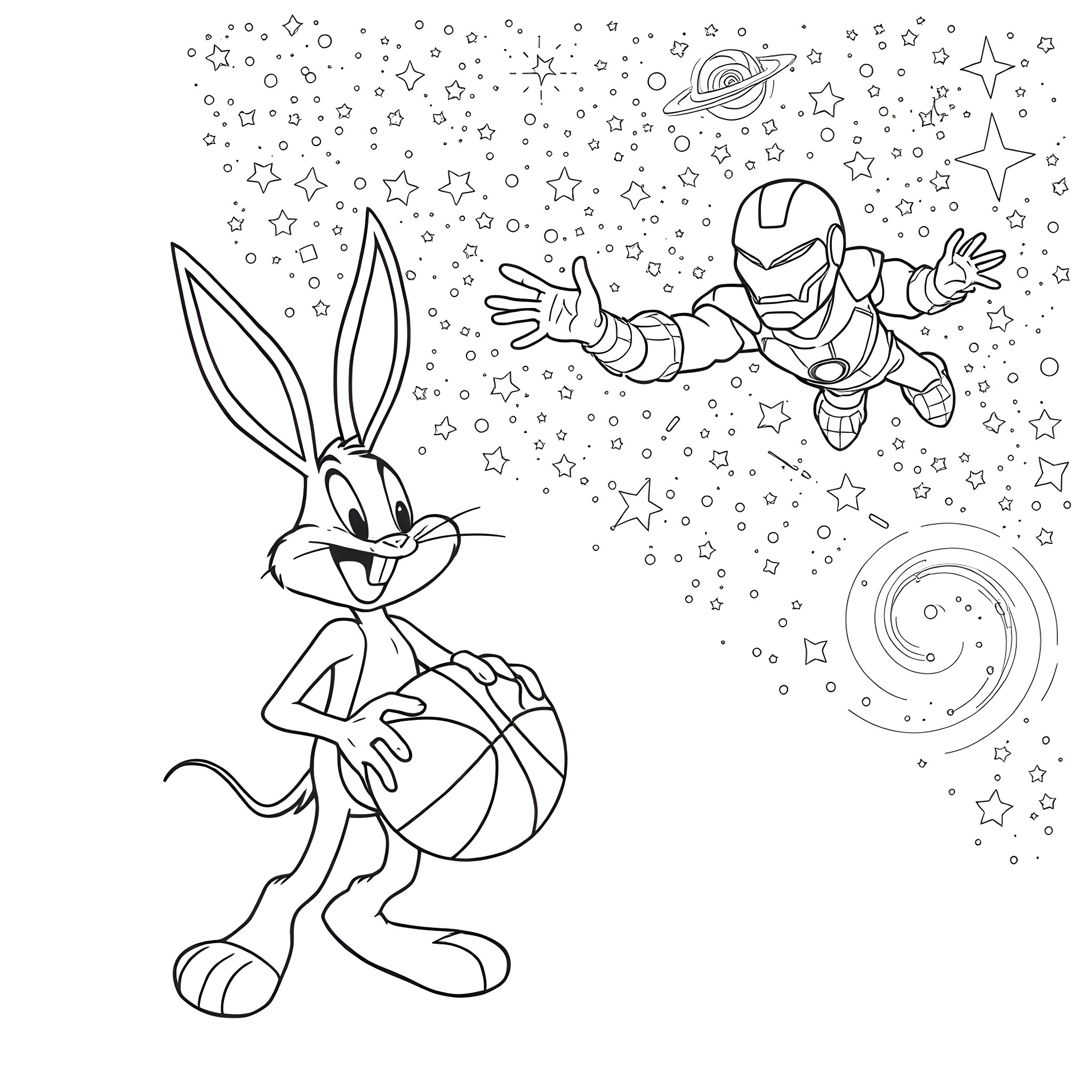 Bugs Bunny playing with Iron Man in outer space Coloring Page (free black-and-white line drawing printable PDF for all, from beginners to advanced learners, including children, teens, adults, and seniors)