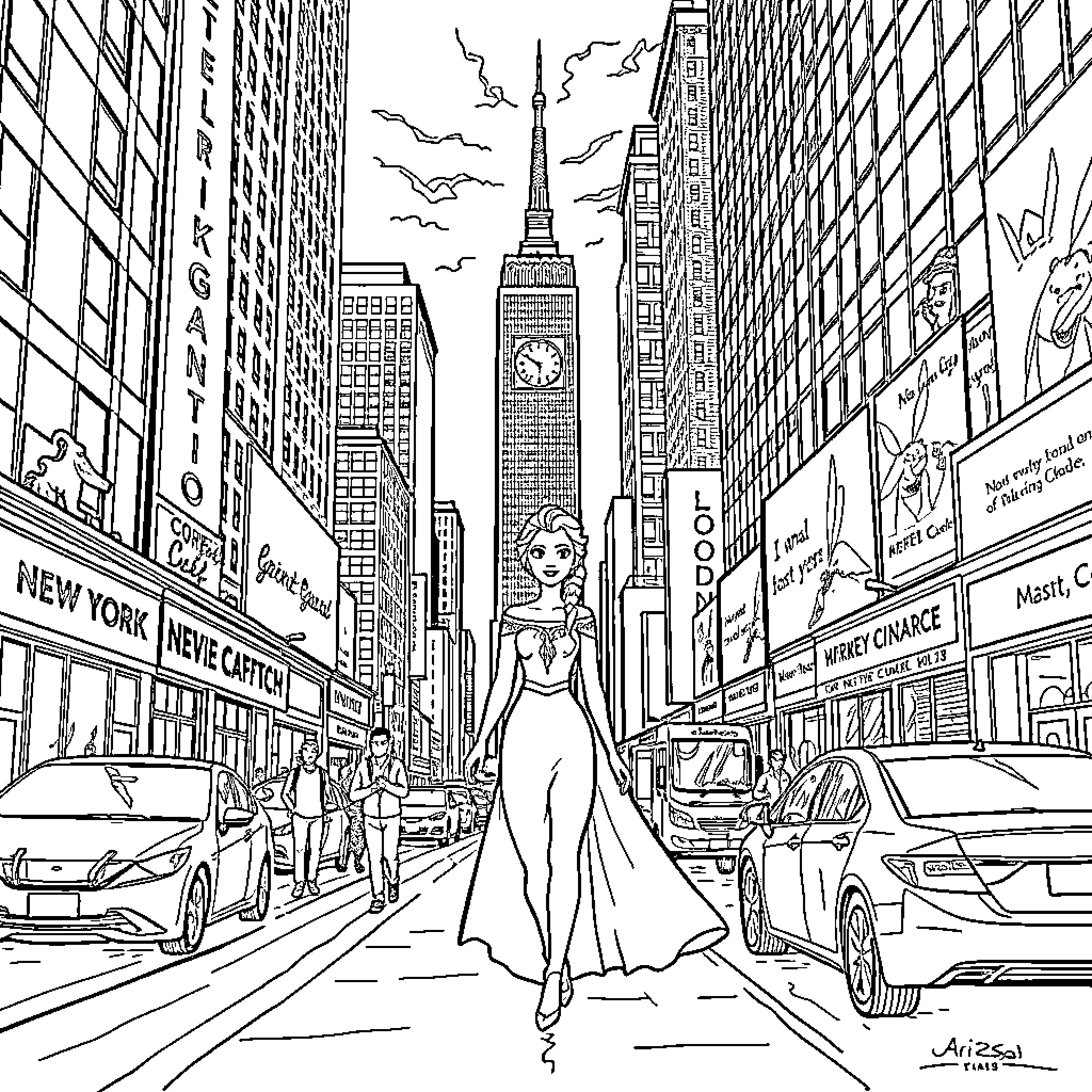 Elsa's Enchanting Adventure in the Big Apple Coloring Page (free black-and-white line drawing printable PDF for all, from beginners to advanced learners, including children, teens, adults, and seniors)