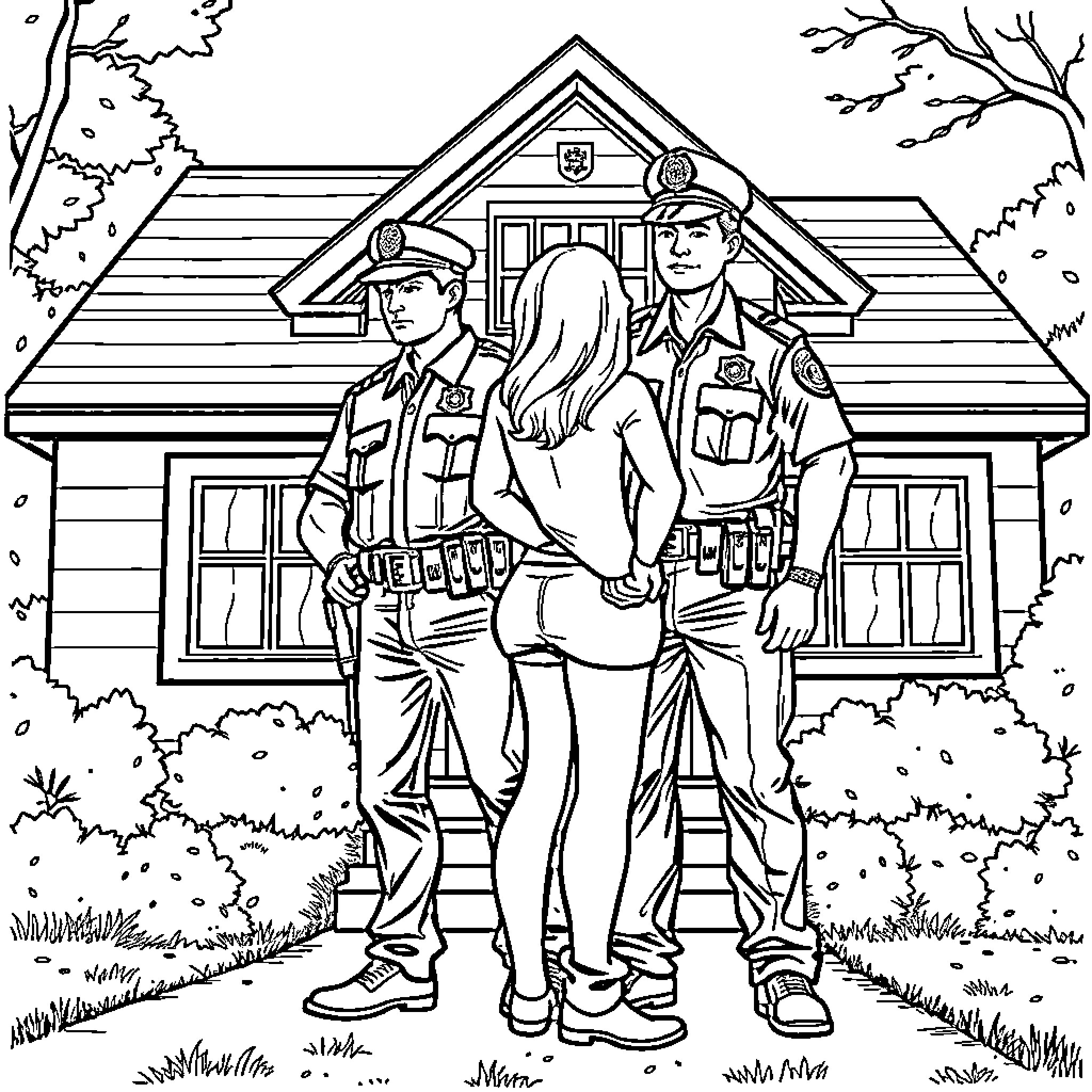 Police officers at a residential home Coloring Page (free black-and-white line drawing printable PDF for all, from beginners to advanced learners, including children, teens, adults, and seniors)