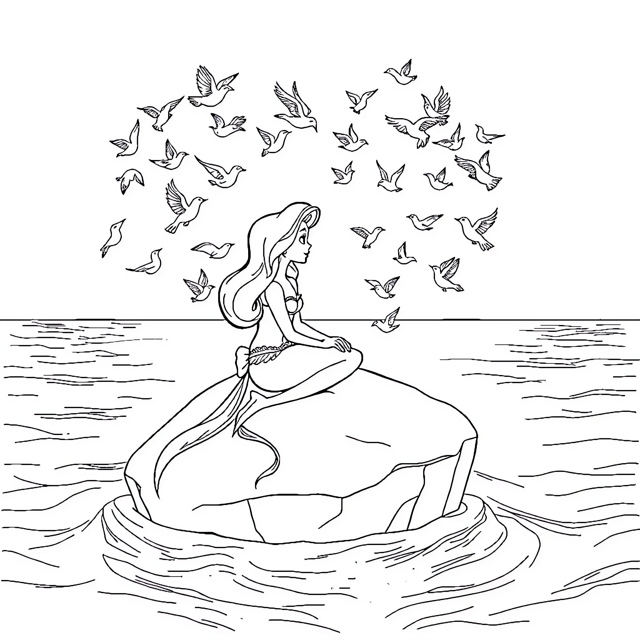 Ariel surrounded by enchanting butterflies Coloring Page (free black-and-white line drawing printable PDF for all, from beginners to advanced learners, including children, teens, adults, and seniors)