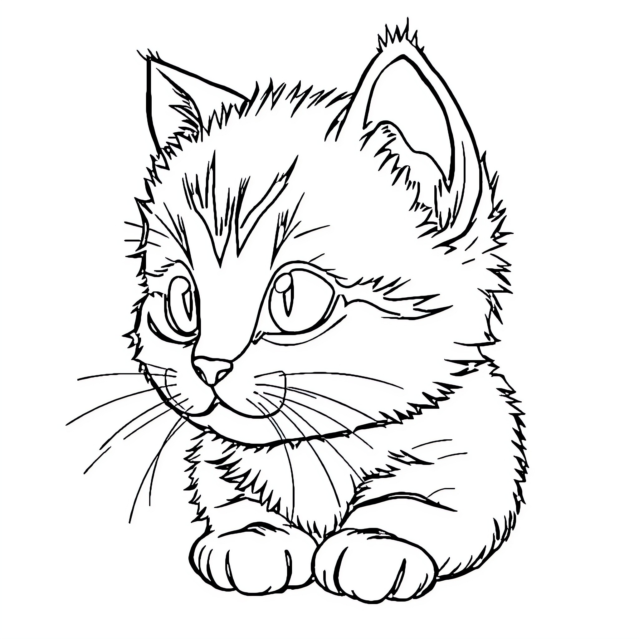 Kitten with large eyes and fluffy fur Coloring Page (free black-and-white line drawing printable PDF for all, from beginners to advanced learners, including children, teens, adults, and seniors)