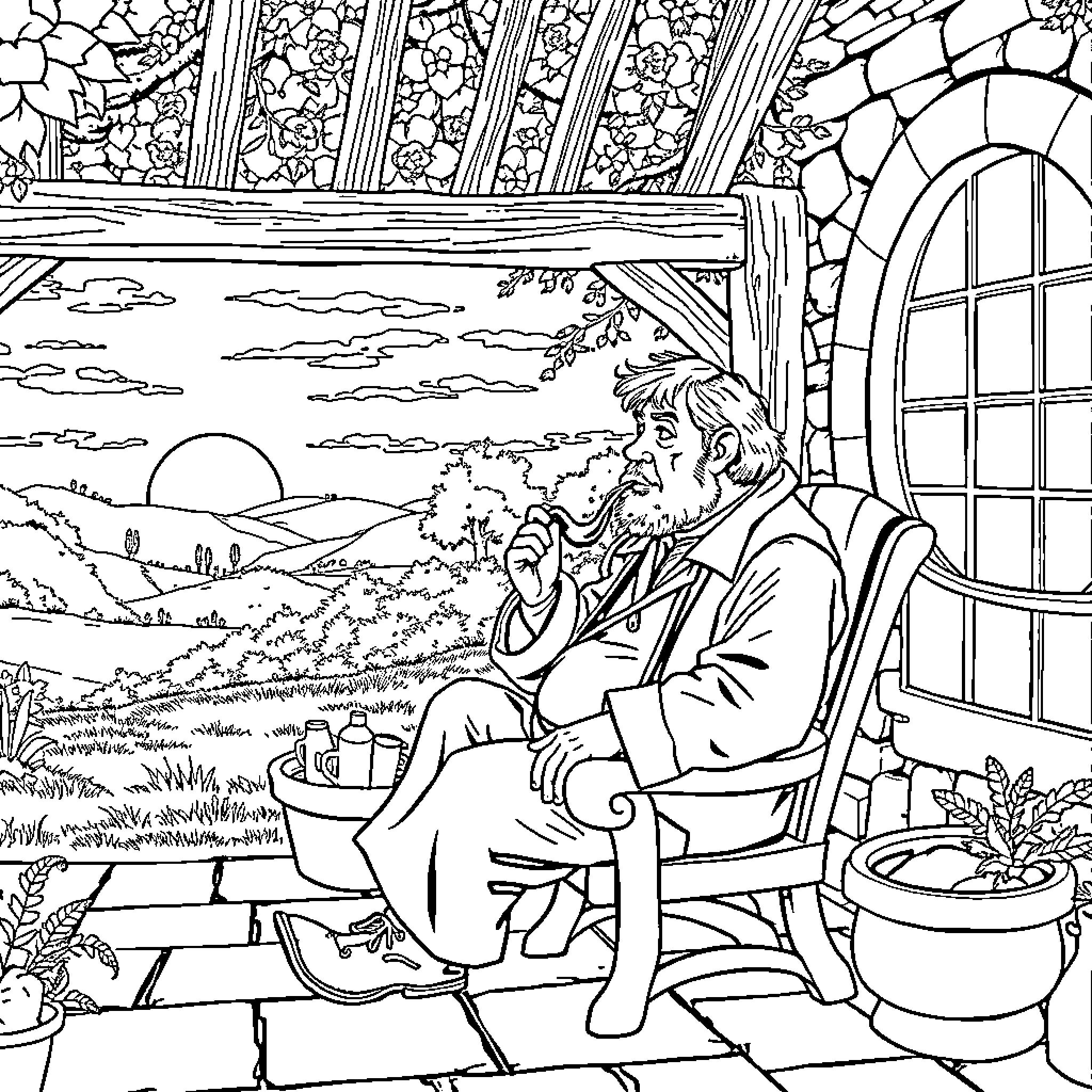Bilbo's Peaceful Contemplation in the Garden Coloring Page (free black-and-white line drawing printable PDF for all, from beginners to advanced learners, including children, teens, adults, and seniors)