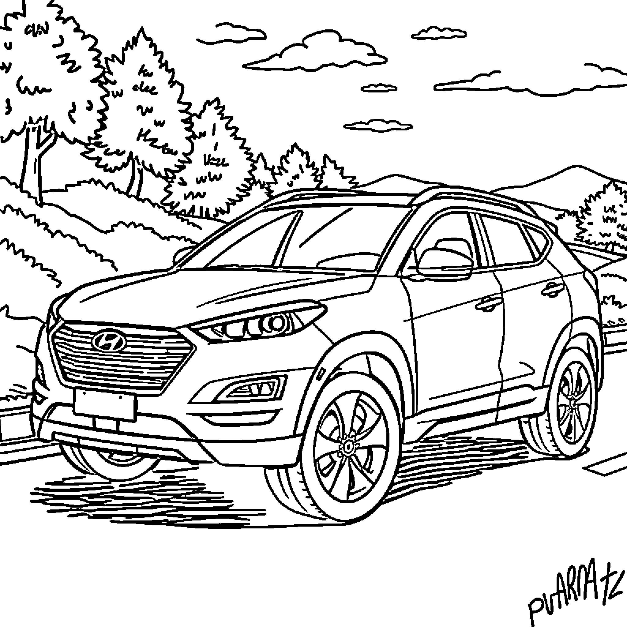 Hyundai SUV navigating scenic landscape Coloring Page (free black-and-white line drawing printable PDF for all, from beginners to advanced learners, including children, teens, adults, and seniors)