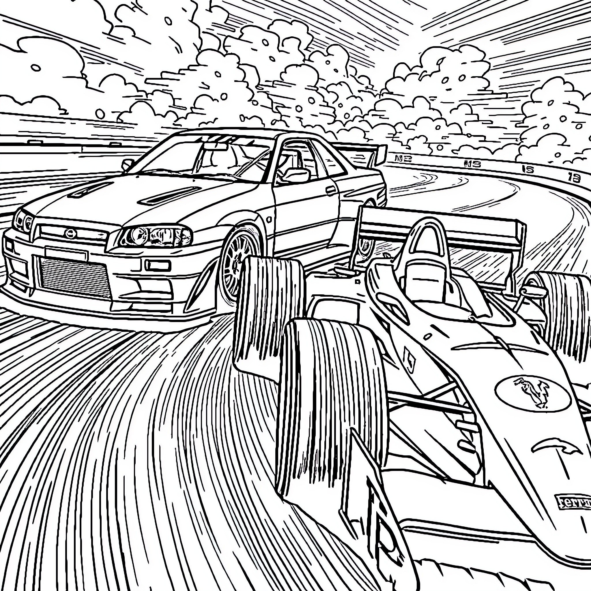 Nissan Racers Speeding Through the Winding Track Coloring Page (free black-and-white line drawing printable PDF for all, from beginners to advanced learners, including children, teens, adults, and seniors)