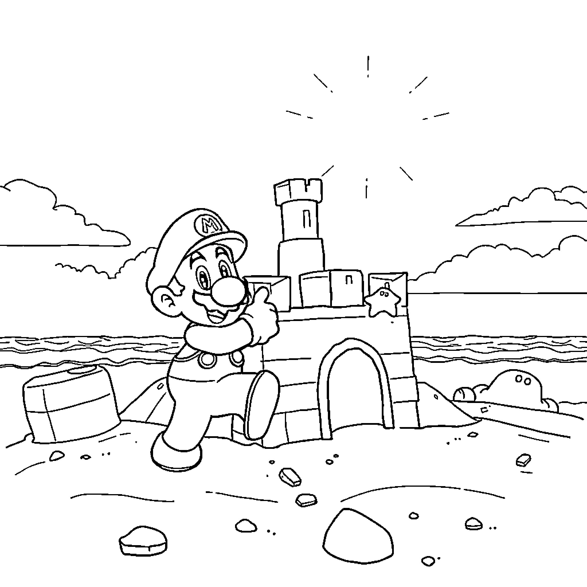 Mario building a sandcastle on the beach Coloring Page (free black-and-white line drawing printable PDF for all, from beginners to advanced learners, including children, teens, adults, and seniors)