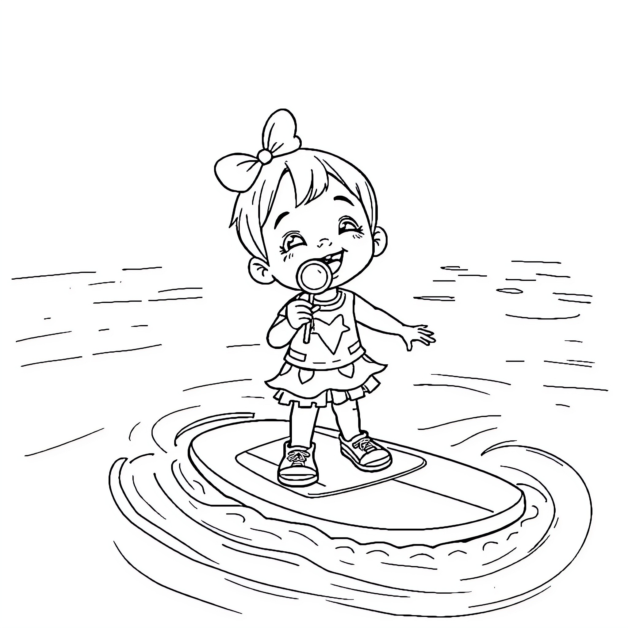 Girl playing happily on the water Coloring Page (free black-and-white line drawing printable PDF for all, from beginners to advanced learners, including children, teens, adults, and seniors)