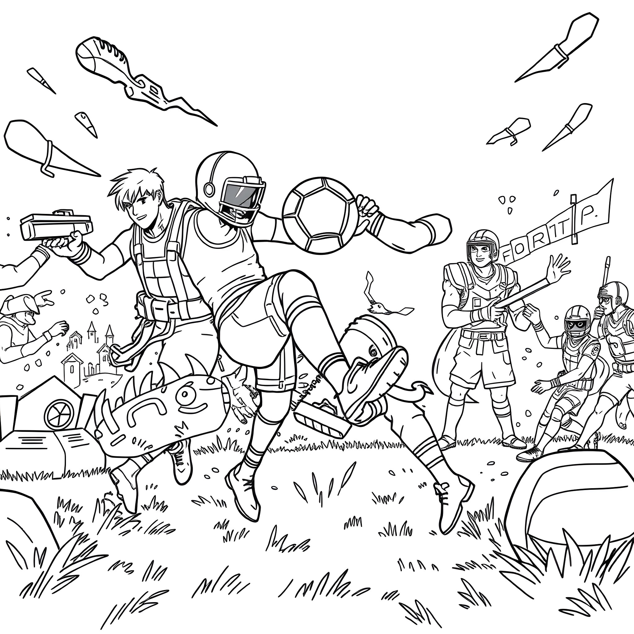Fortnite Player Engaged in Intense Battle with Opponents Coloring Page (free black-and-white line drawing printable PDF for all, from beginners to advanced learners, including children, teens, adults, and seniors)