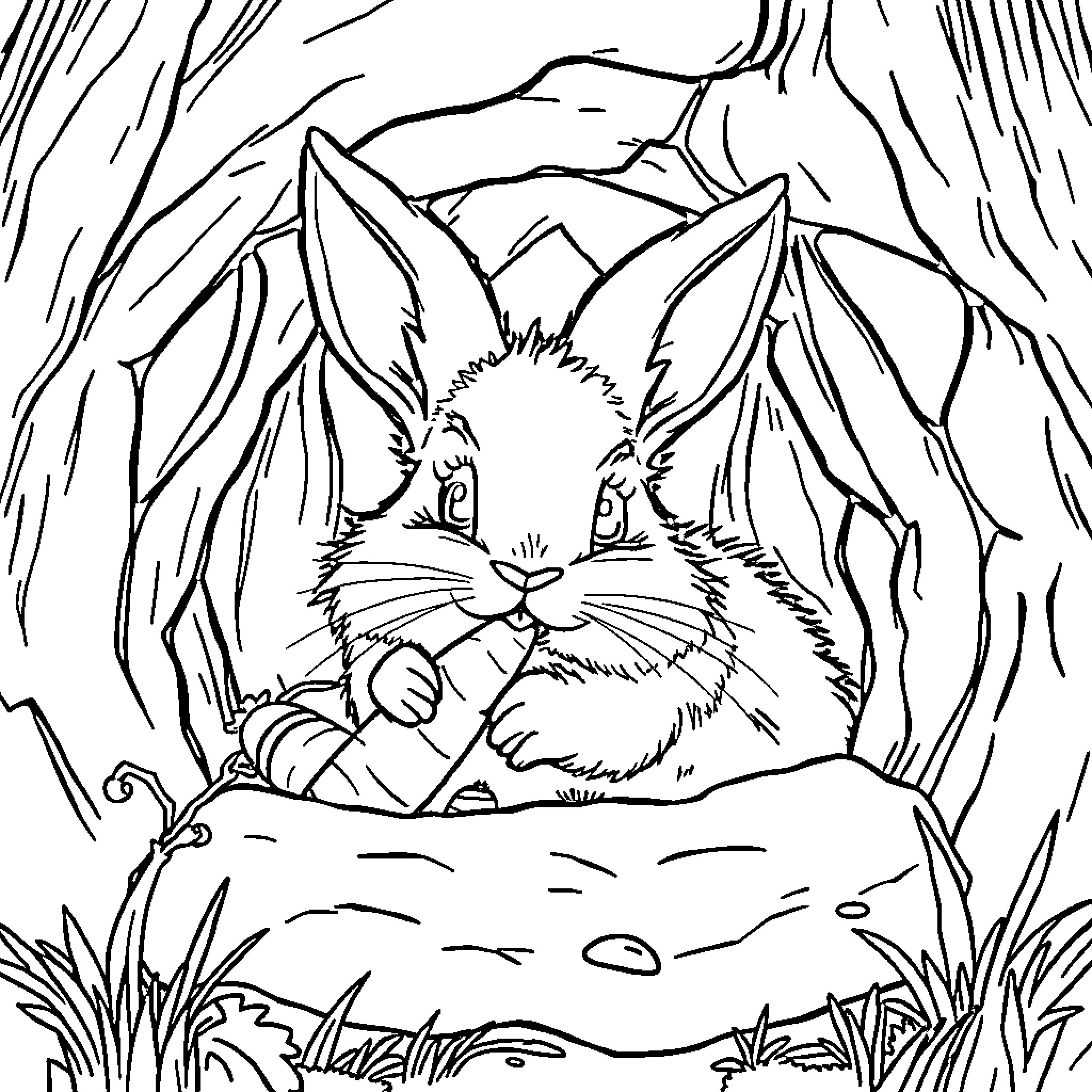 Rabbit hiding in bushes Coloring Page (free black-and-white line drawing printable PDF for all, from beginners to advanced learners, including children, teens, adults, and seniors)
