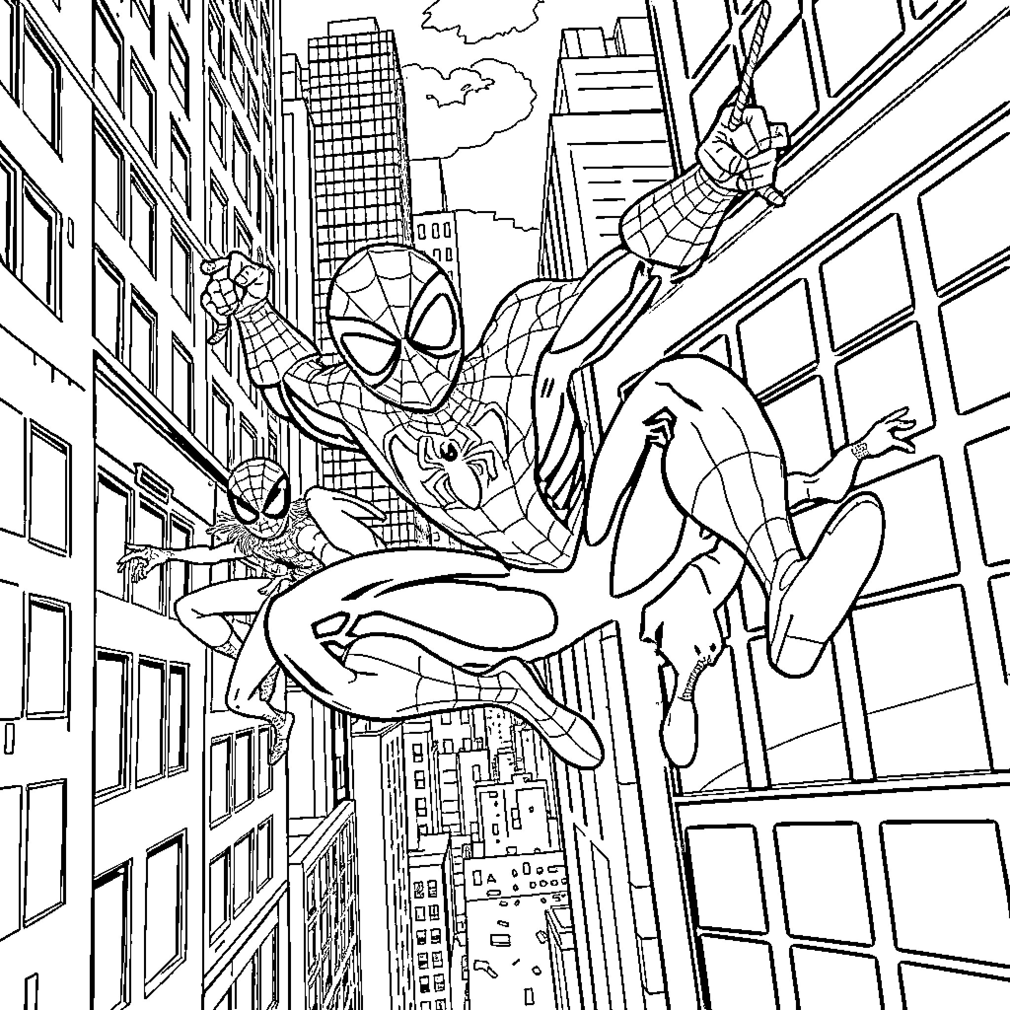Spidey Swinging Through City Skyscrapers Coloring Page (free black-and-white line drawing printable PDF for all, from beginners to advanced learners, including children, teens, adults, and seniors)